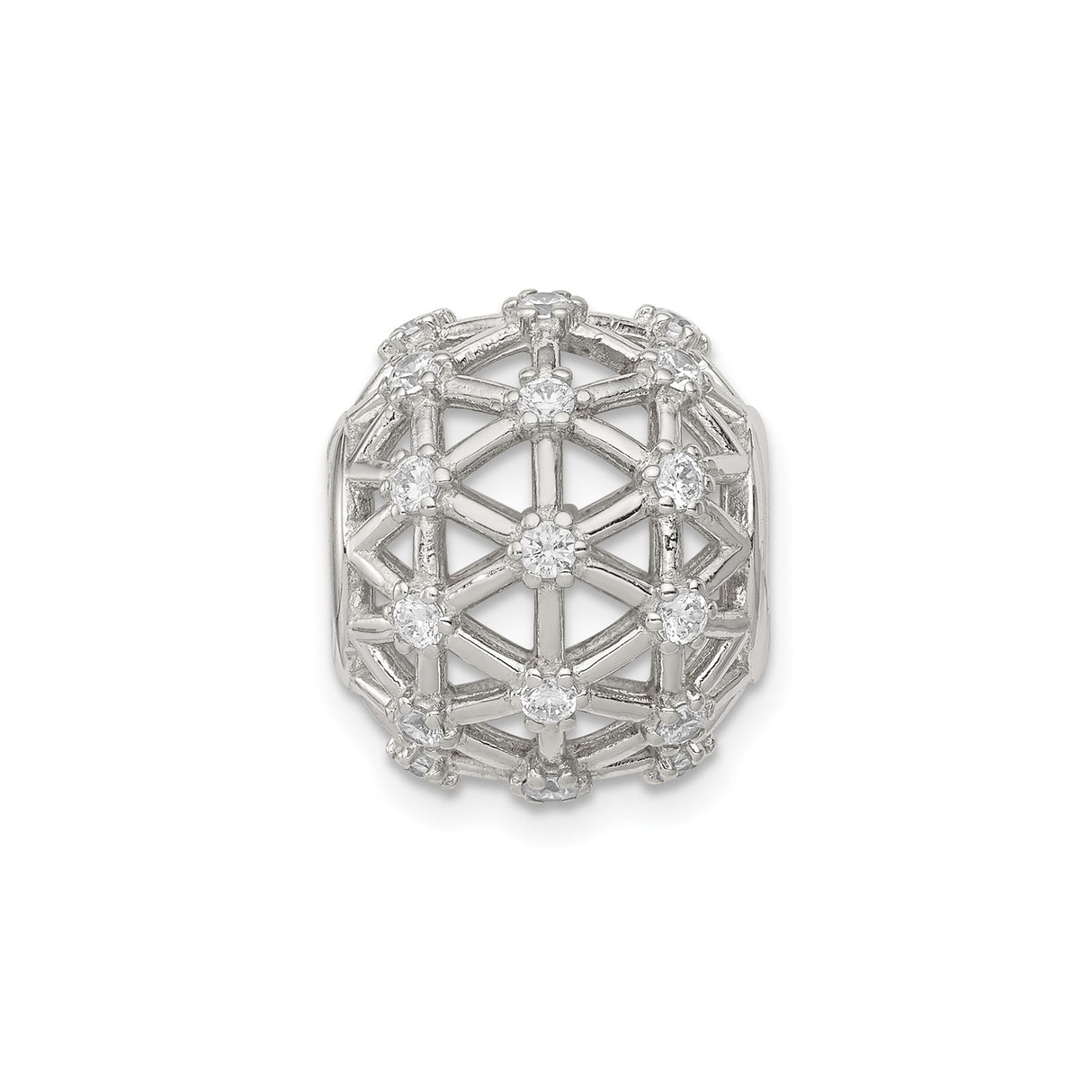 Sterling Silver Charm Bead with Cubic Zirconia, Geometric Lattice and Mandala Floral Design