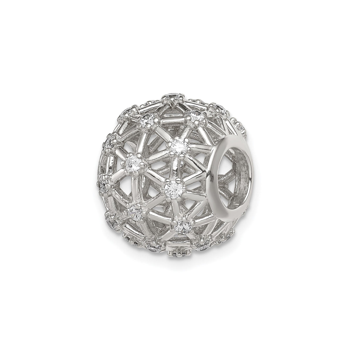 Sterling Silver Charm Bead with Cubic Zirconia, Geometric Lattice and Mandala Floral Design