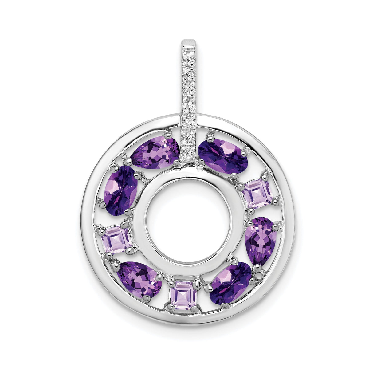 Sterling Silver Circle Pendant with Amethyst, Open Circle Design and Cubic Zirconia Accents