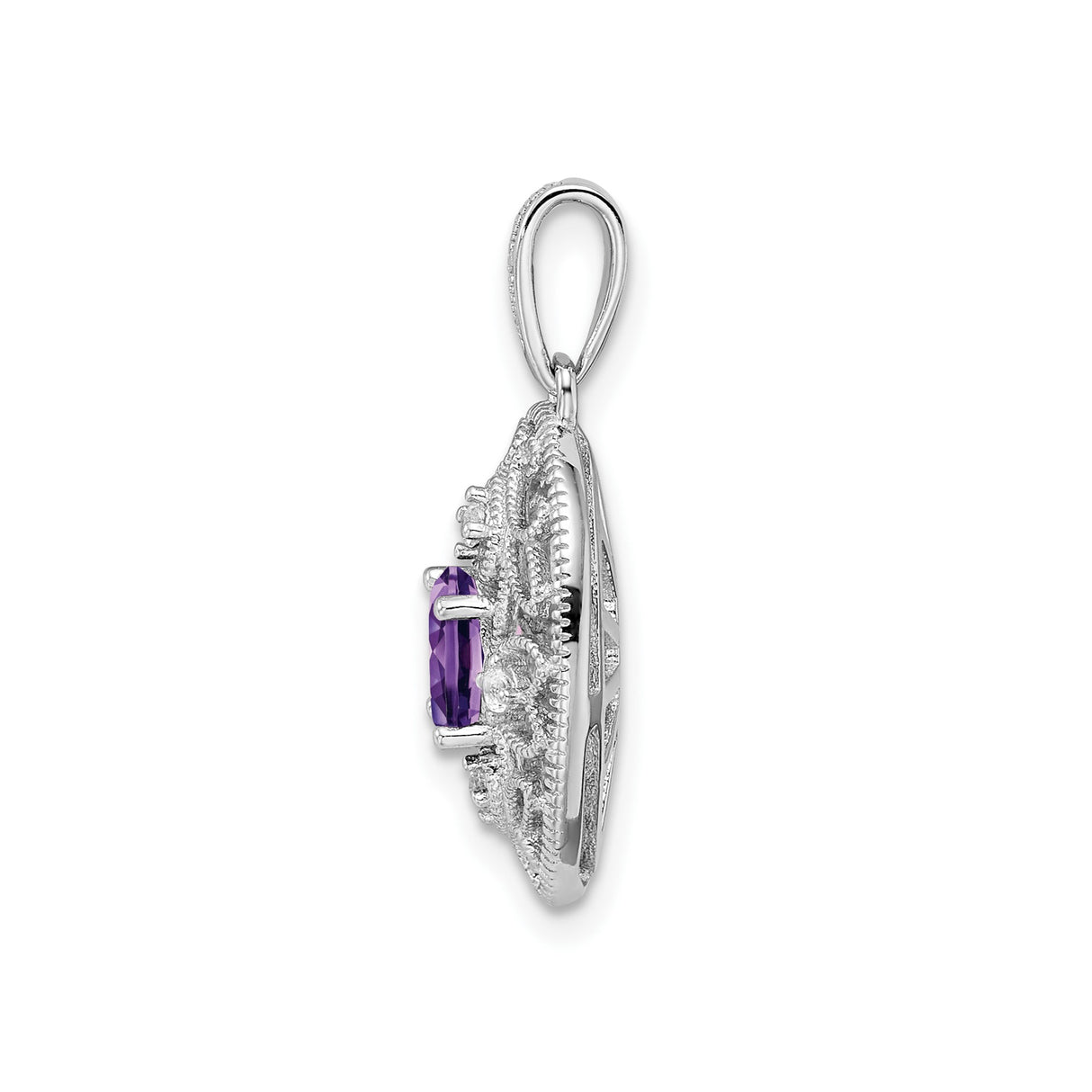 Sterling Silver Pendant with Oval Amethyst, Filigree Floral Scrollwork and White Topaz Accents