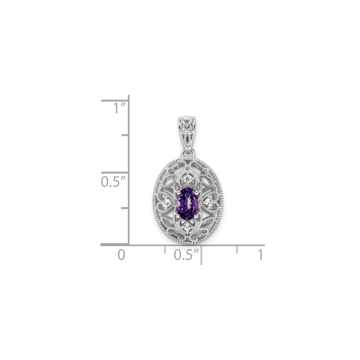 Sterling Silver Pendant with Oval Amethyst, Filigree Floral Scrollwork and White Topaz Accents