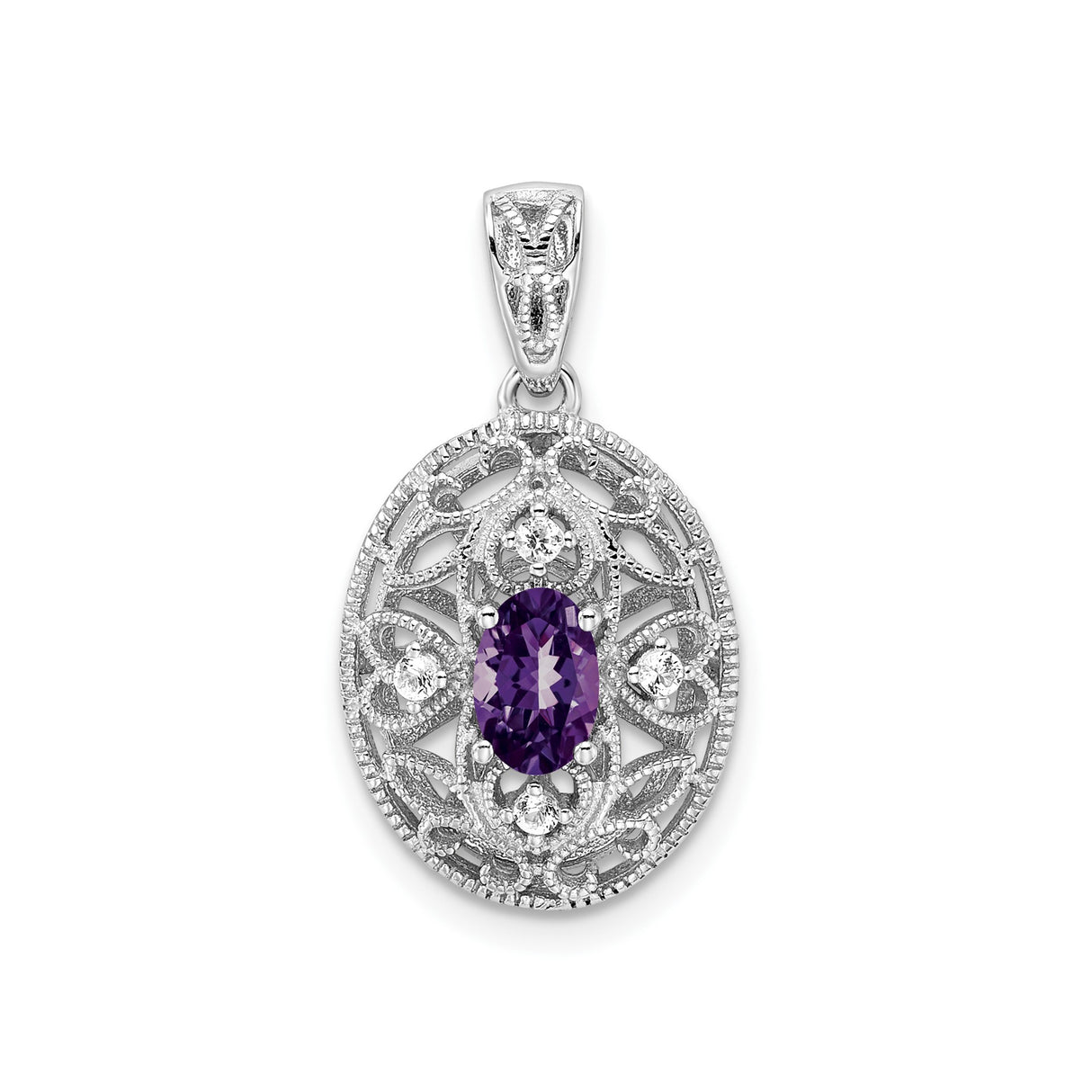 Sterling Silver Pendant with Oval Amethyst, Filigree Floral Scrollwork and White Topaz Accents