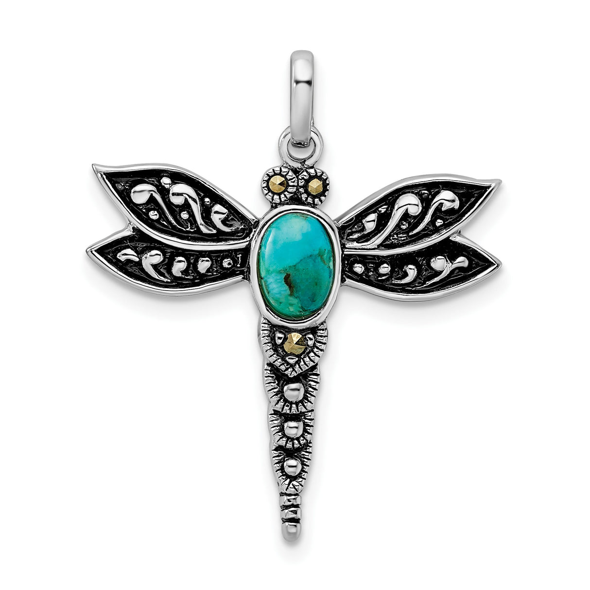 Sterling Silver Dragonfly Pendant with Turquoise and Marcasite, Filigree Boho Design