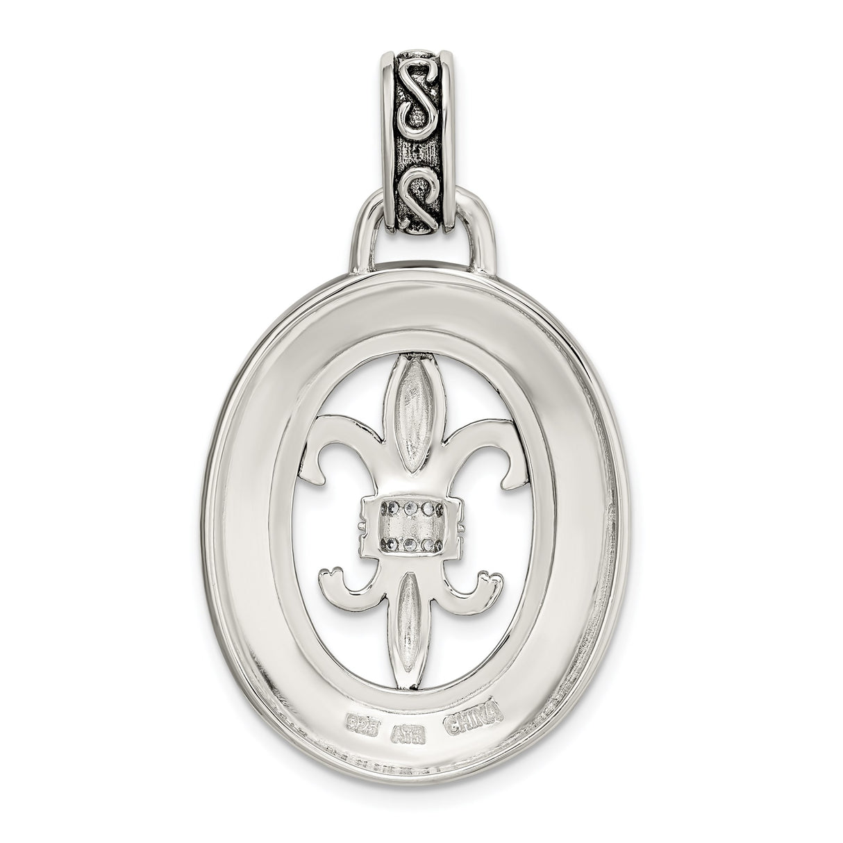 Sterling Silver Pendant with Cubic Zirconia, Fleur de Lis, Celtic Knot, Antique Style