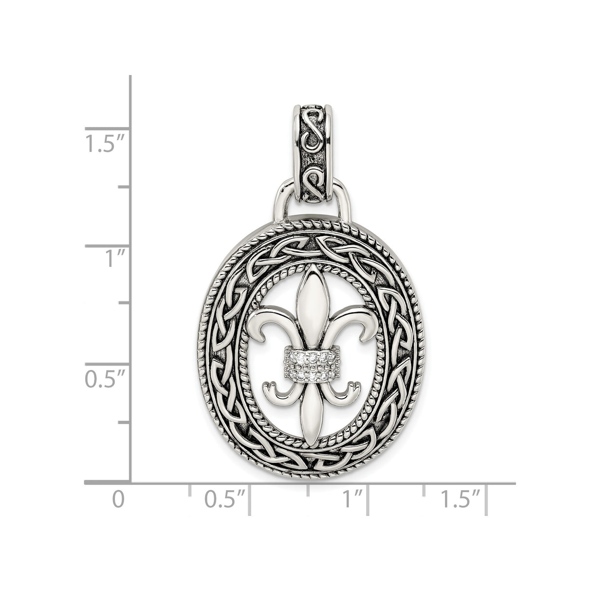 Sterling Silver Pendant with Cubic Zirconia, Fleur de Lis, Celtic Knot, Antique Style