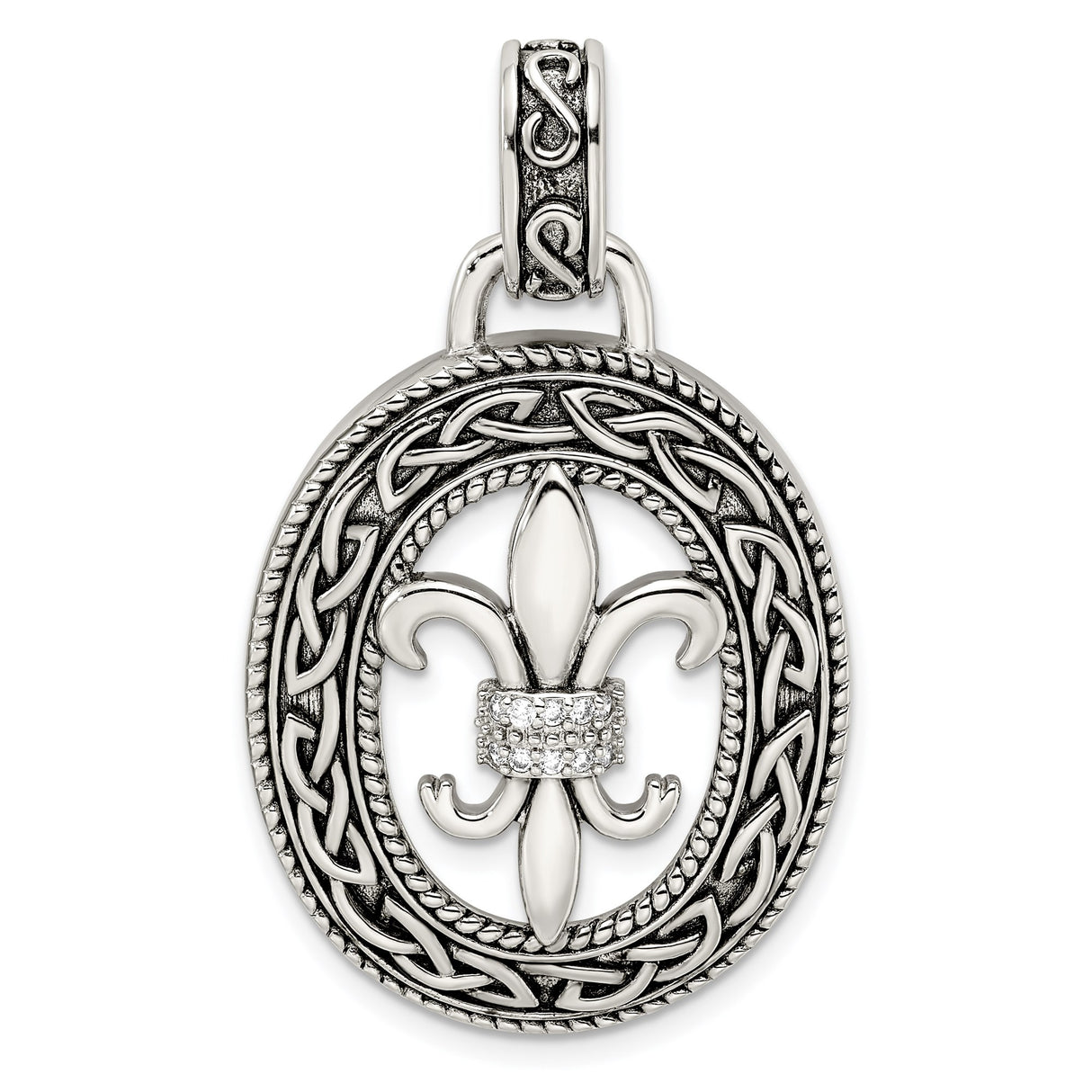 Sterling Silver Pendant with Cubic Zirconia, Fleur de Lis, Celtic Knot, Antique Style
