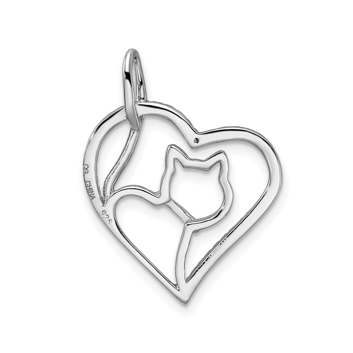 Sterling Silver Cat Pendant with Openwork Heart and Cubic Zirconia Accent