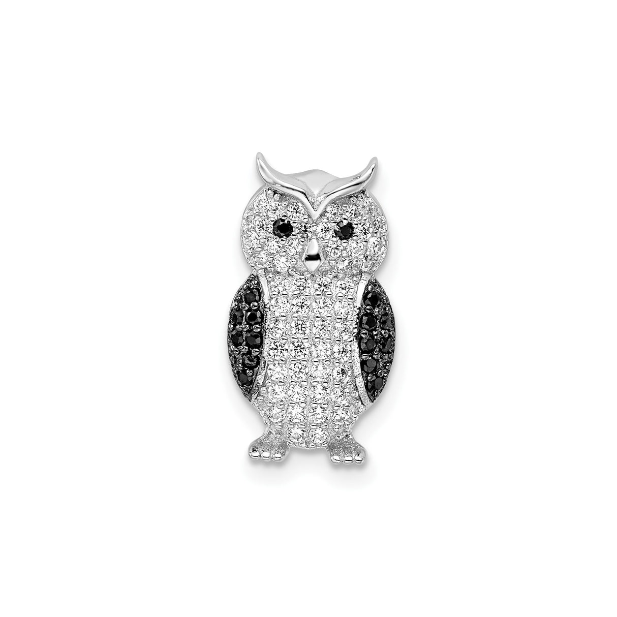 Sterling Silver Owl Pendant with Clear and Black Cubic Zirconia, Animal Charm Design