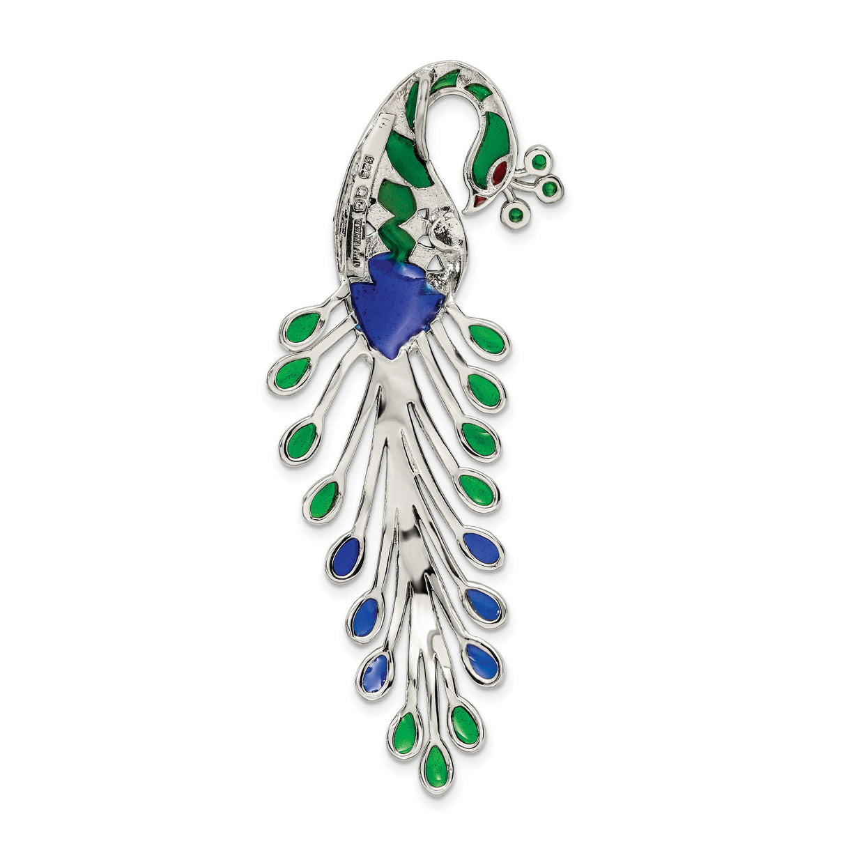 Sterling Silver Peacock Brooch with Green and Blue Enamel and Marcasite Detailing