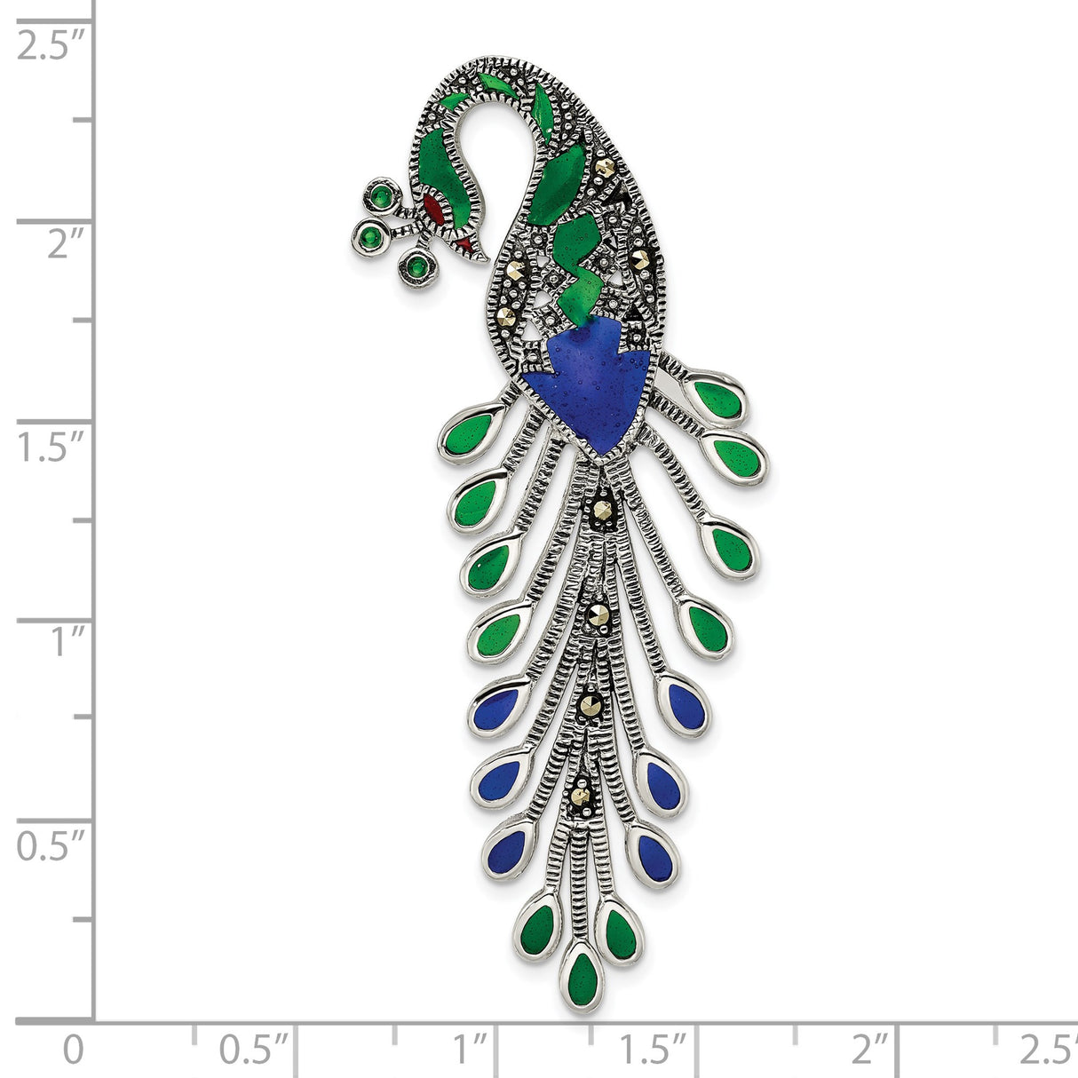 Sterling Silver Peacock Brooch with Green and Blue Enamel and Marcasite Detailing