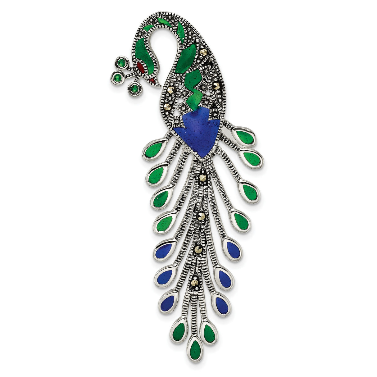 Sterling Silver Peacock Brooch with Green and Blue Enamel and Marcasite Detailing