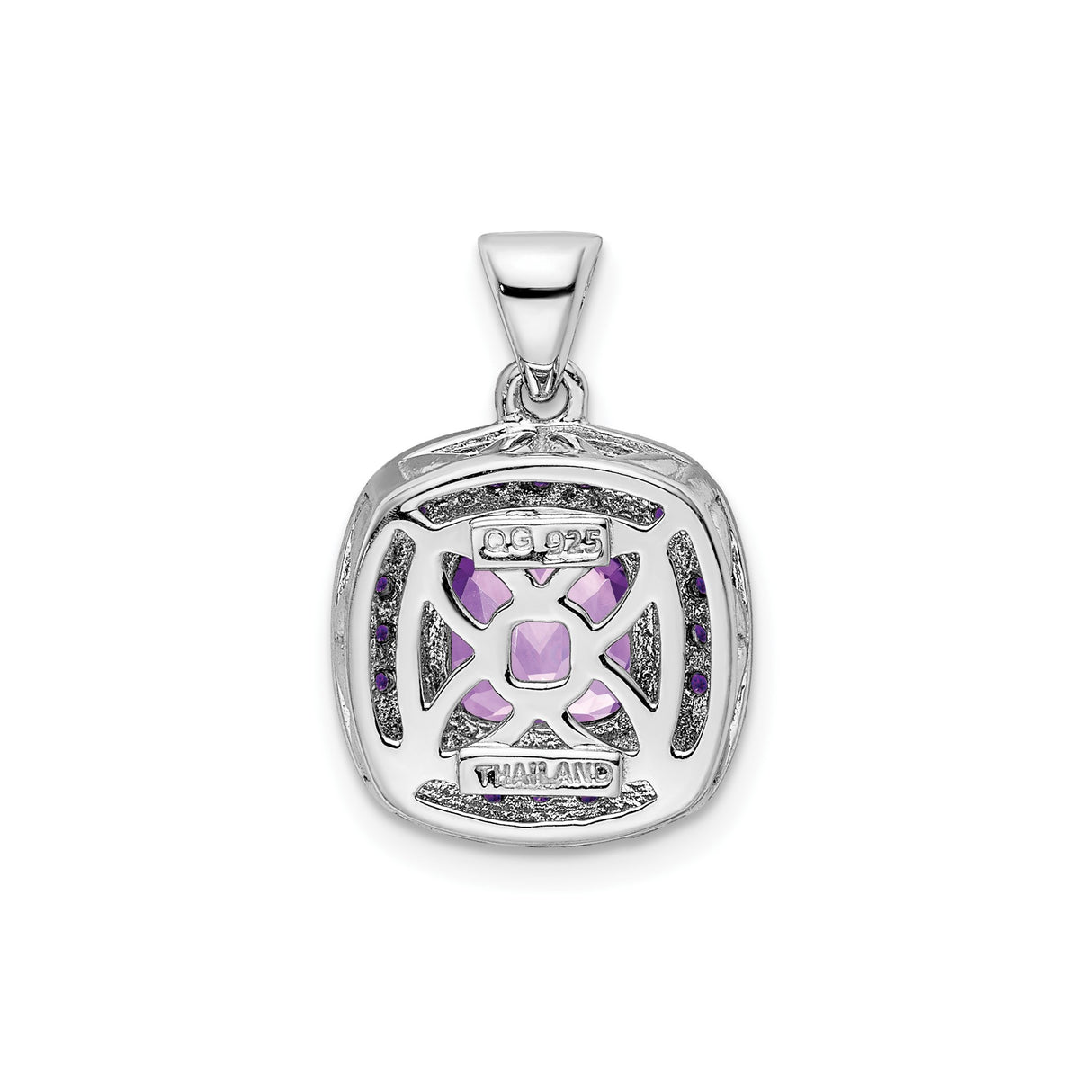 Sterling Silver Pendant with Cushion Cut Amethyst in Decorative Square Setting