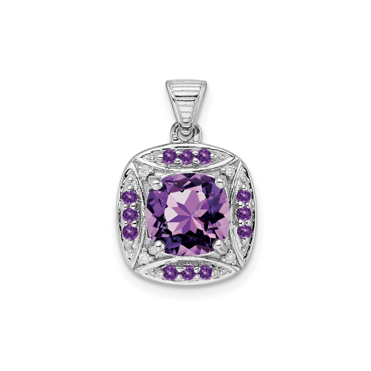 Sterling Silver Pendant with Cushion Cut Amethyst in Decorative Square Setting