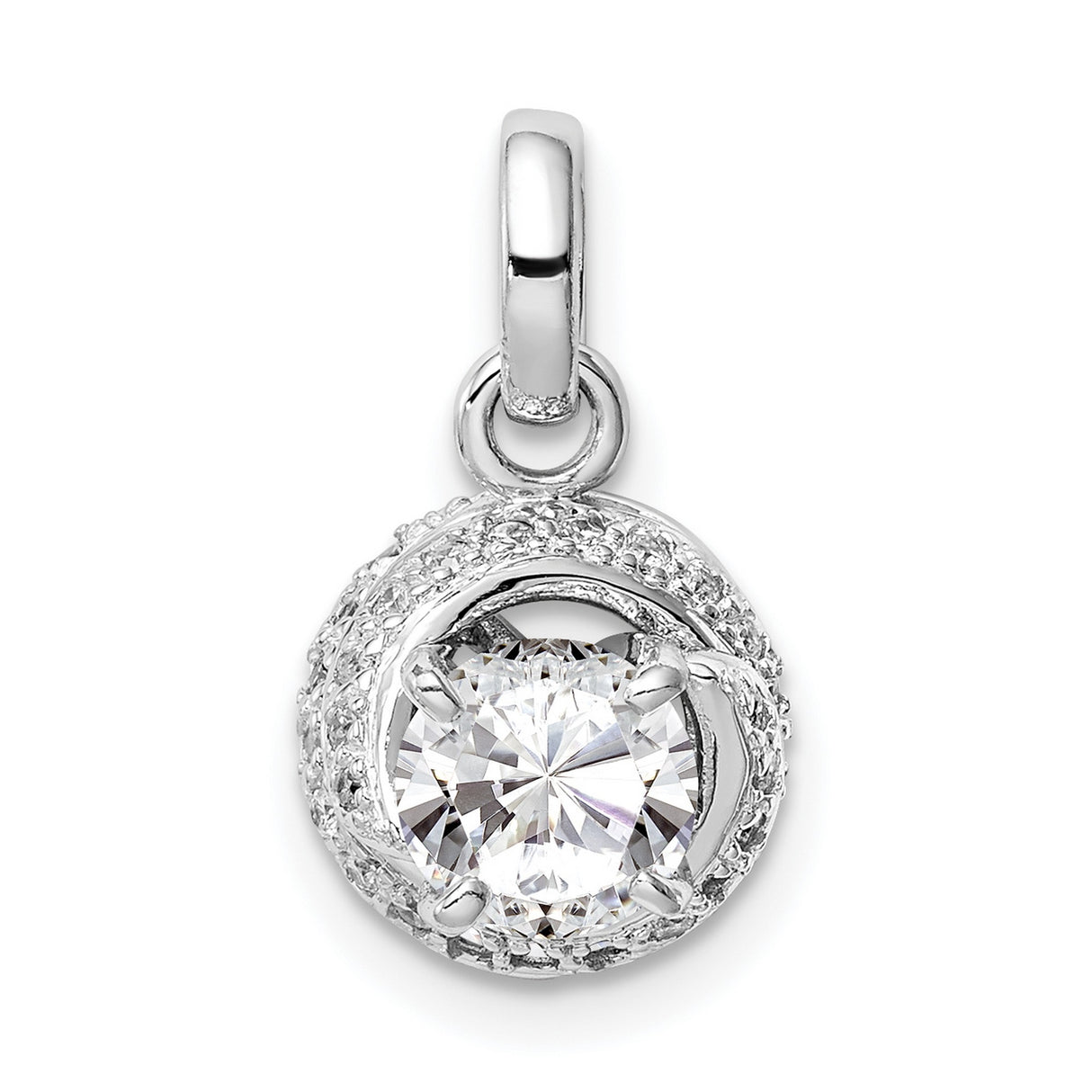 Sterling Silver Pendant with Cubic Zirconia Center, Twist Halo Design for Women