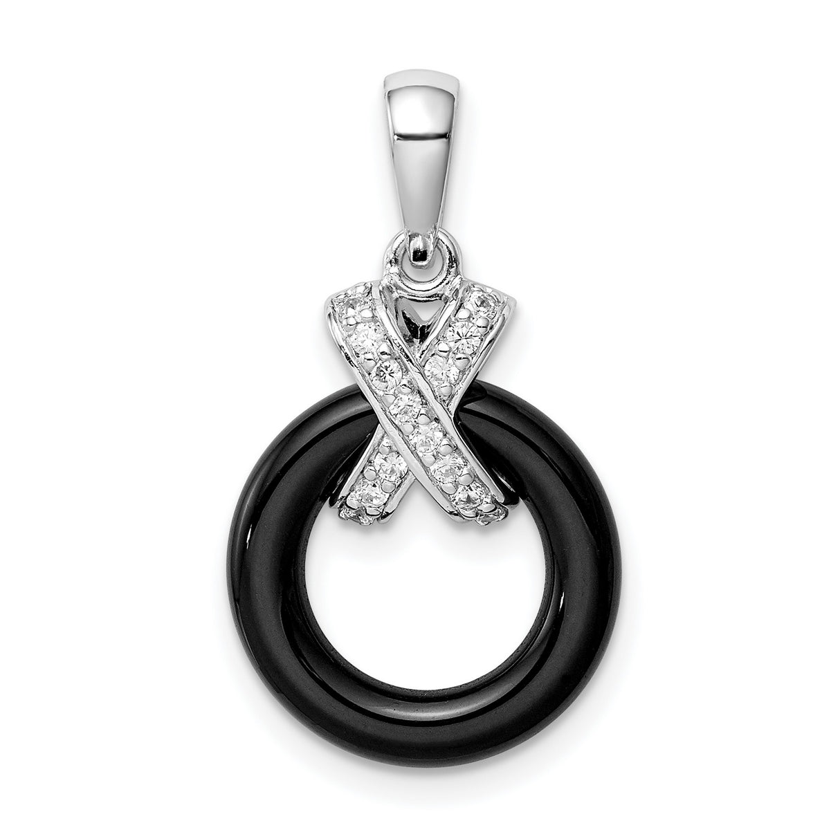 Sterling Silver Awareness Pendant with Black Onyx Loop and Cubic Zirconia Ribbon