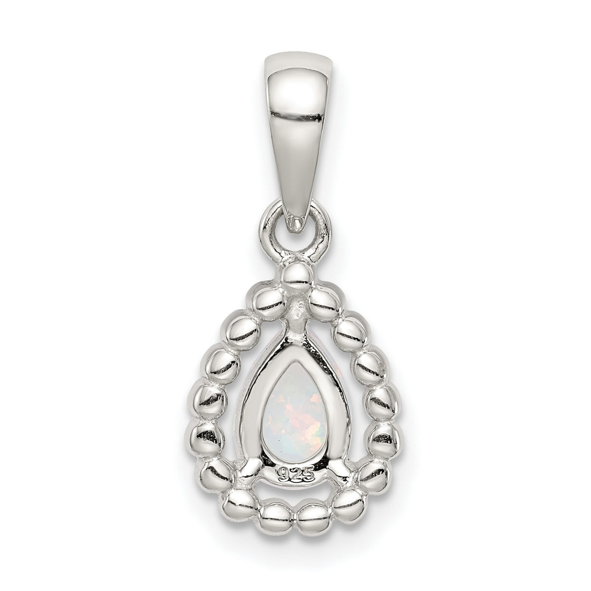 Sterling Silver Teardrop Pendant with Simulated White Opal and Beaded Frame Design