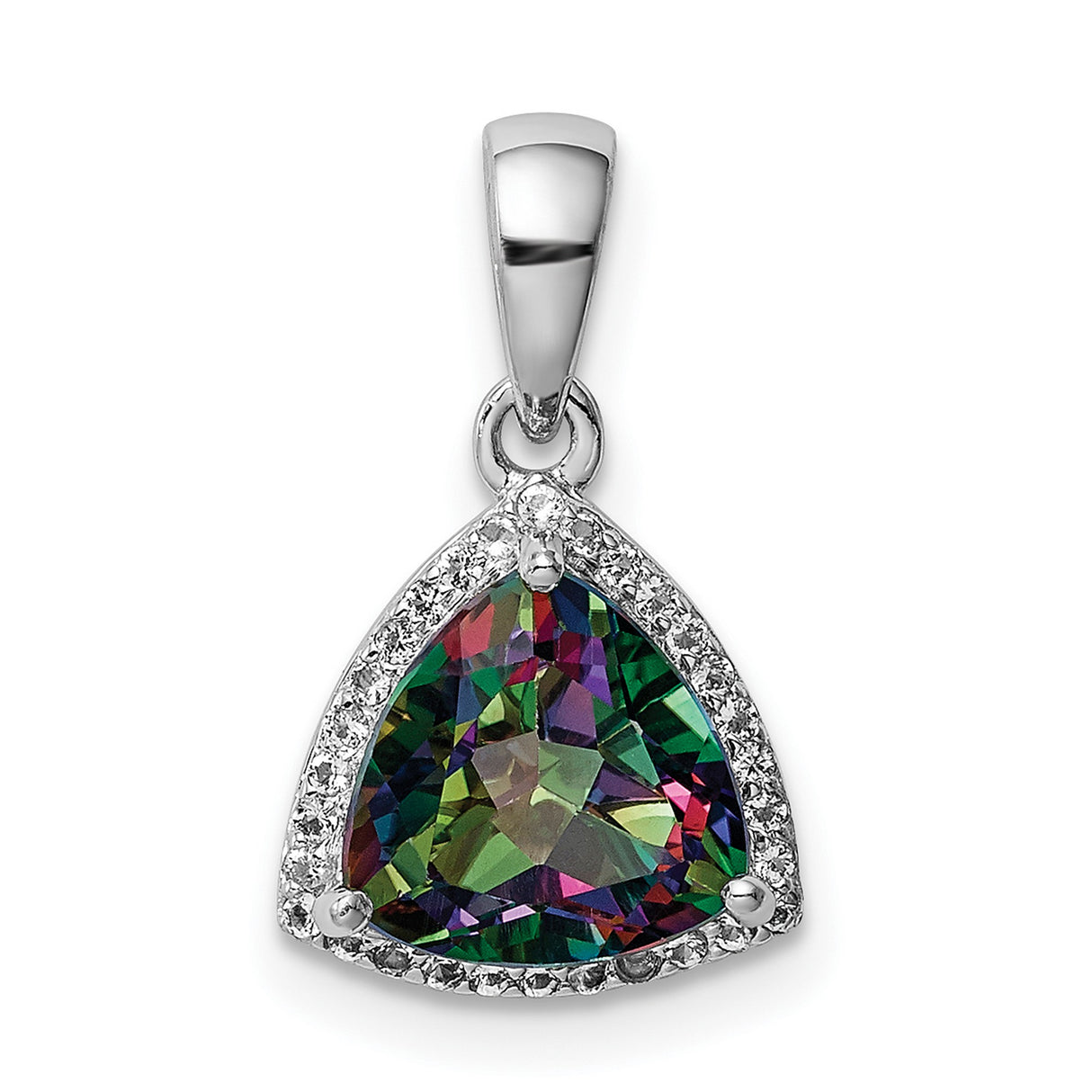 Sterling Silver Pendant with Trillion Cut Mystic Topaz and White Topaz Halo