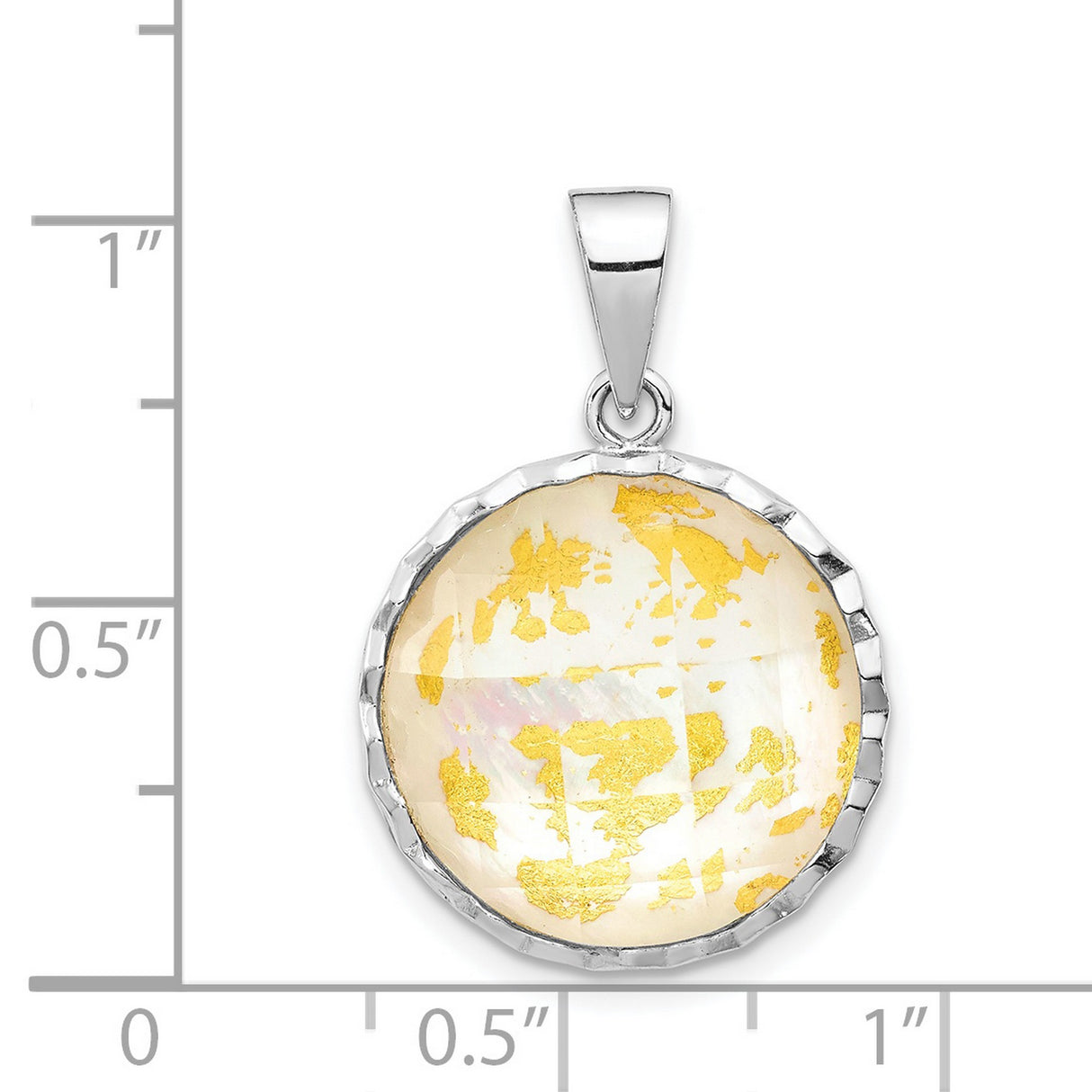 Sterling Silver Pendant with Round Domed Mother of Pearl, Gold Leaf Accents, Celestial Boho Design