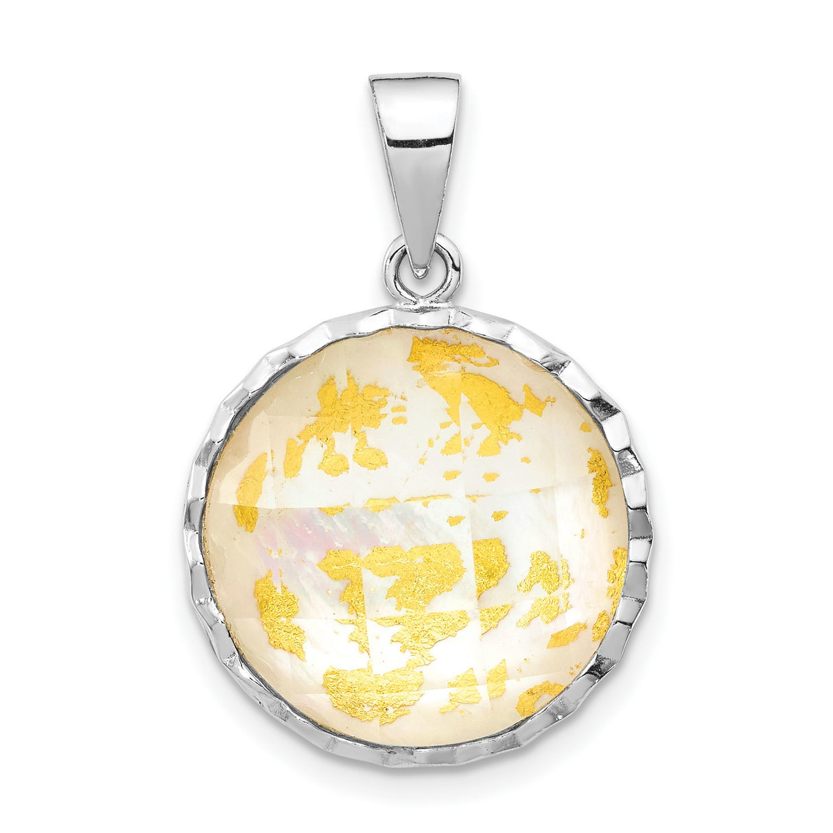Sterling Silver Pendant with Round Domed Mother of Pearl, Gold Leaf Accents, Celestial Boho Design