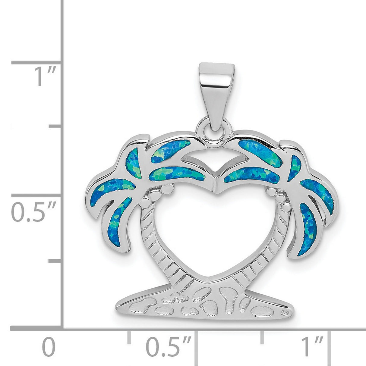 Sterling Silver Pendant with Lab Created Blue Opal, Palm Tree Heart Design, Ocean Theme