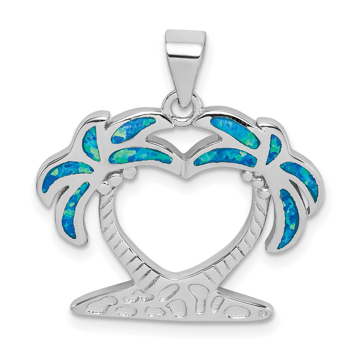 Sterling Silver Pendant with Lab Created Blue Opal, Palm Tree Heart Design, Ocean Theme