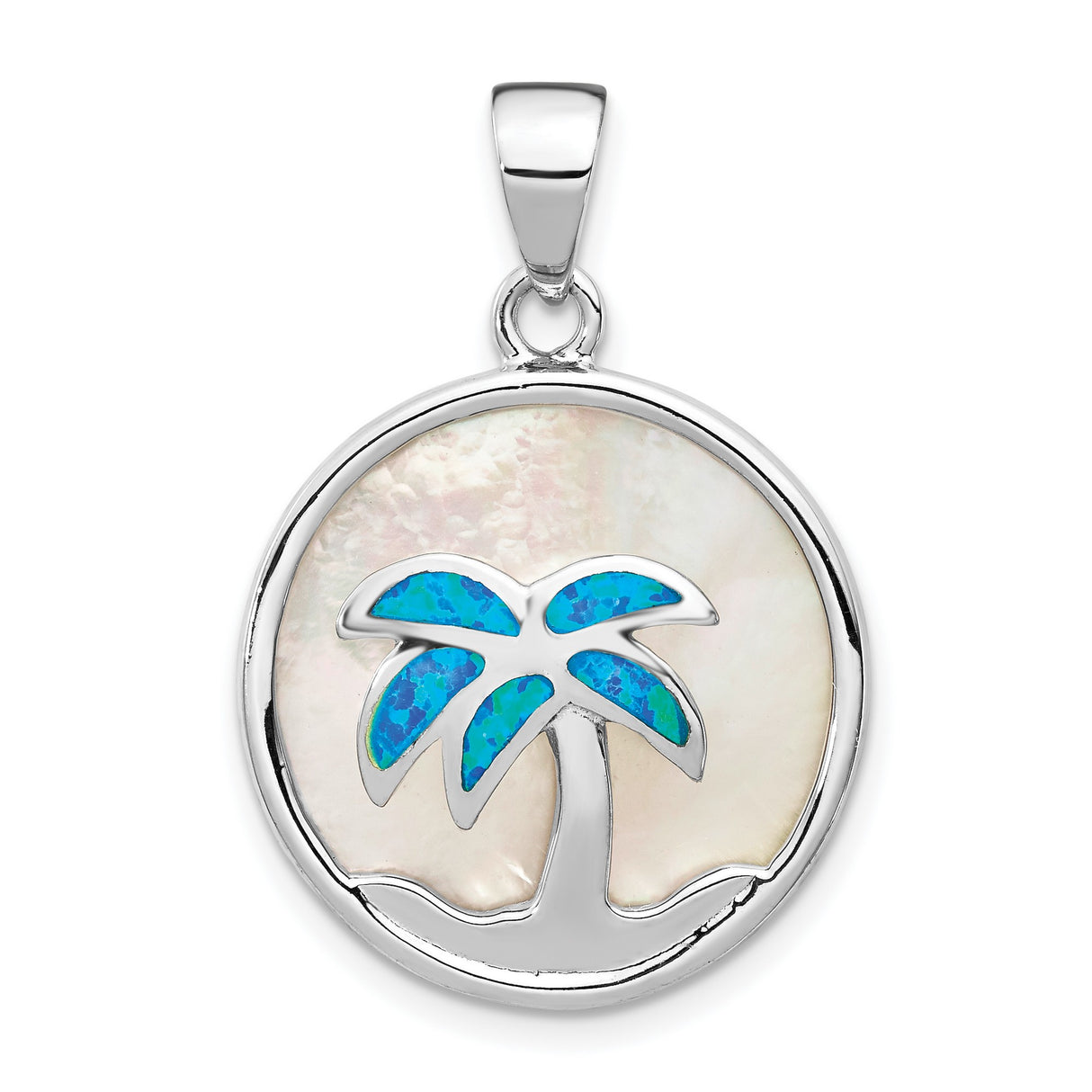 Sterling Silver Palm Pendant with Blue Opal and Mother of Pearl, Tropical Beach Theme