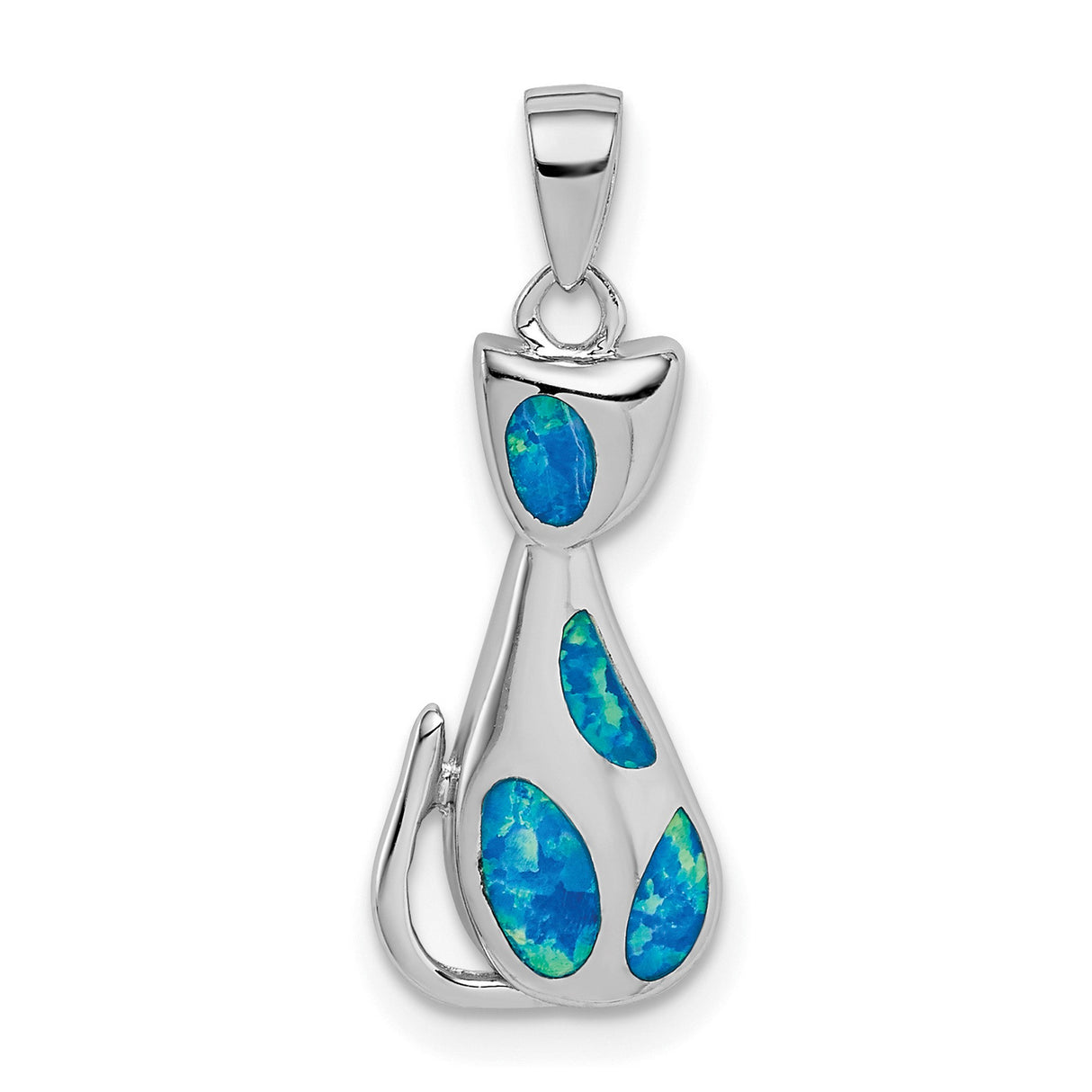 Sterling Silver Cat Pendant with Lab Created Blue Opal Inlay, Minimalist Animal Theme Jewelry
