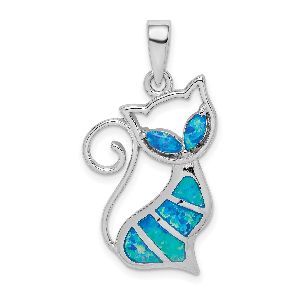 Sterling Silver Cat Pendant with Blue Lab Created Opal Inlay, Cat Silhouette Jewelry for Women