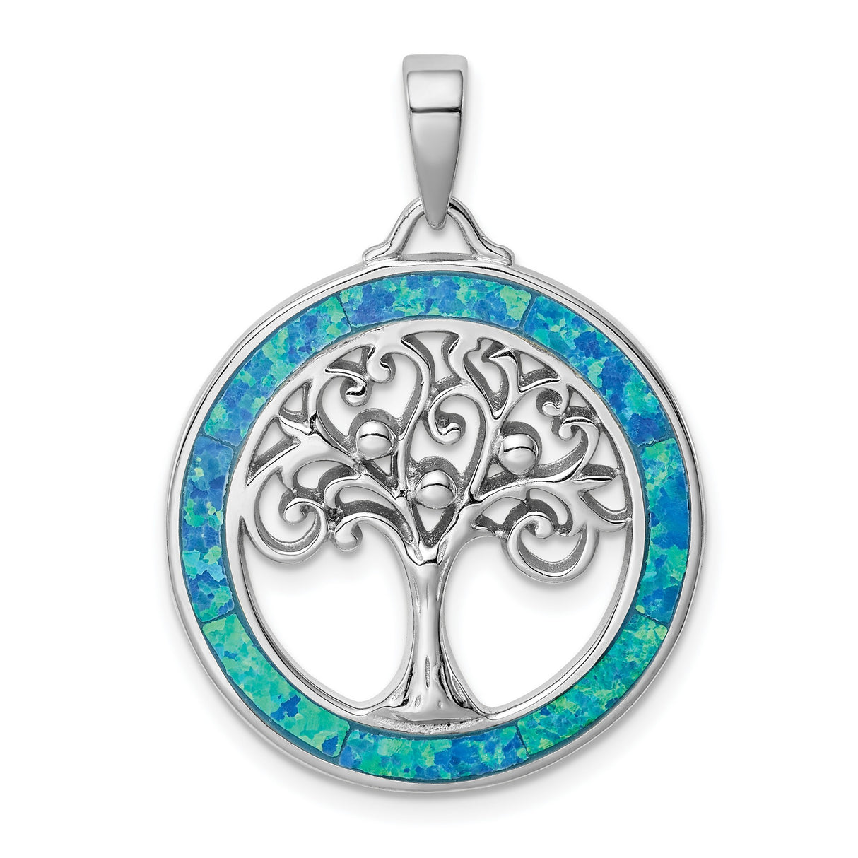 Sterling Silver Tree of Life Pendant with Lab Created Blue Green Opal Inlay, Celtic Swirl Design