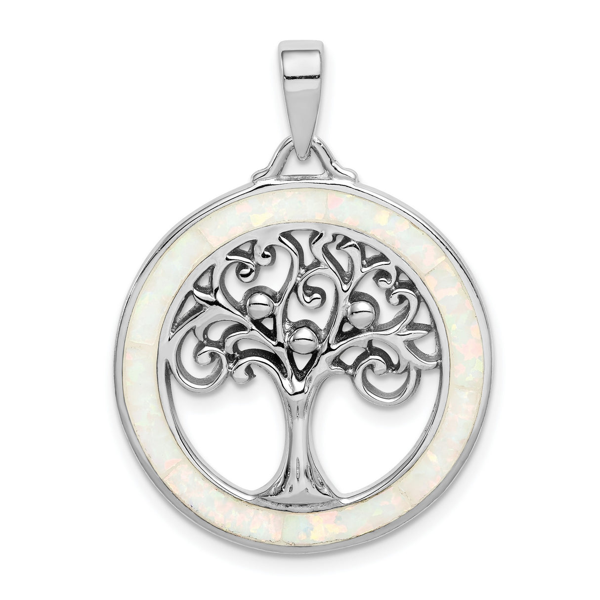 Sterling Silver Tree of Life Pendant with Lab Created Opal Inlay, Nature Inspired Design for Women