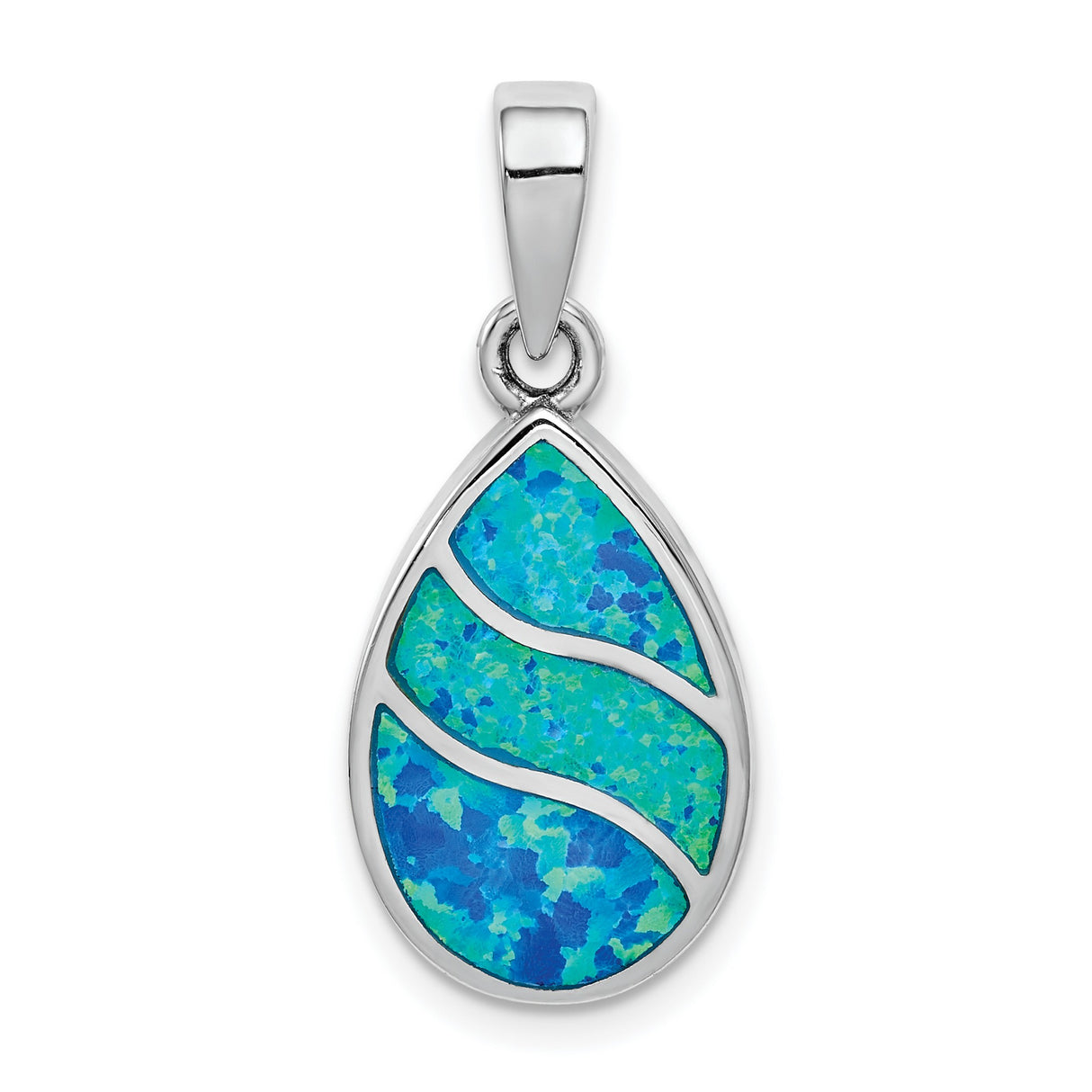 Sterling Silver Teardrop Pendant with Lab Created Opal, Wavy Ocean-Inspired Design