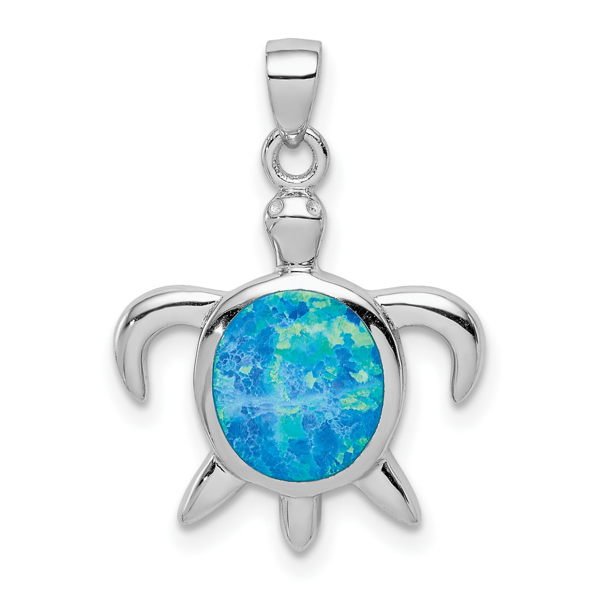 Sterling Silver Sea Turtle Pendant with Lab Created Blue Opal Inlay, Ocean Inspired Design