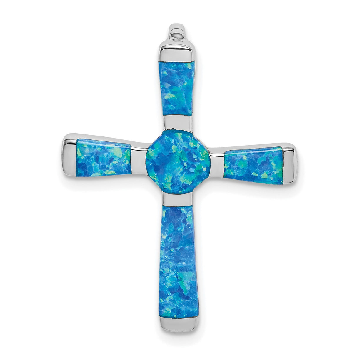 Sterling Silver Opal Cross Pendant with Blue Green Inlay, Modern Spiritual Design