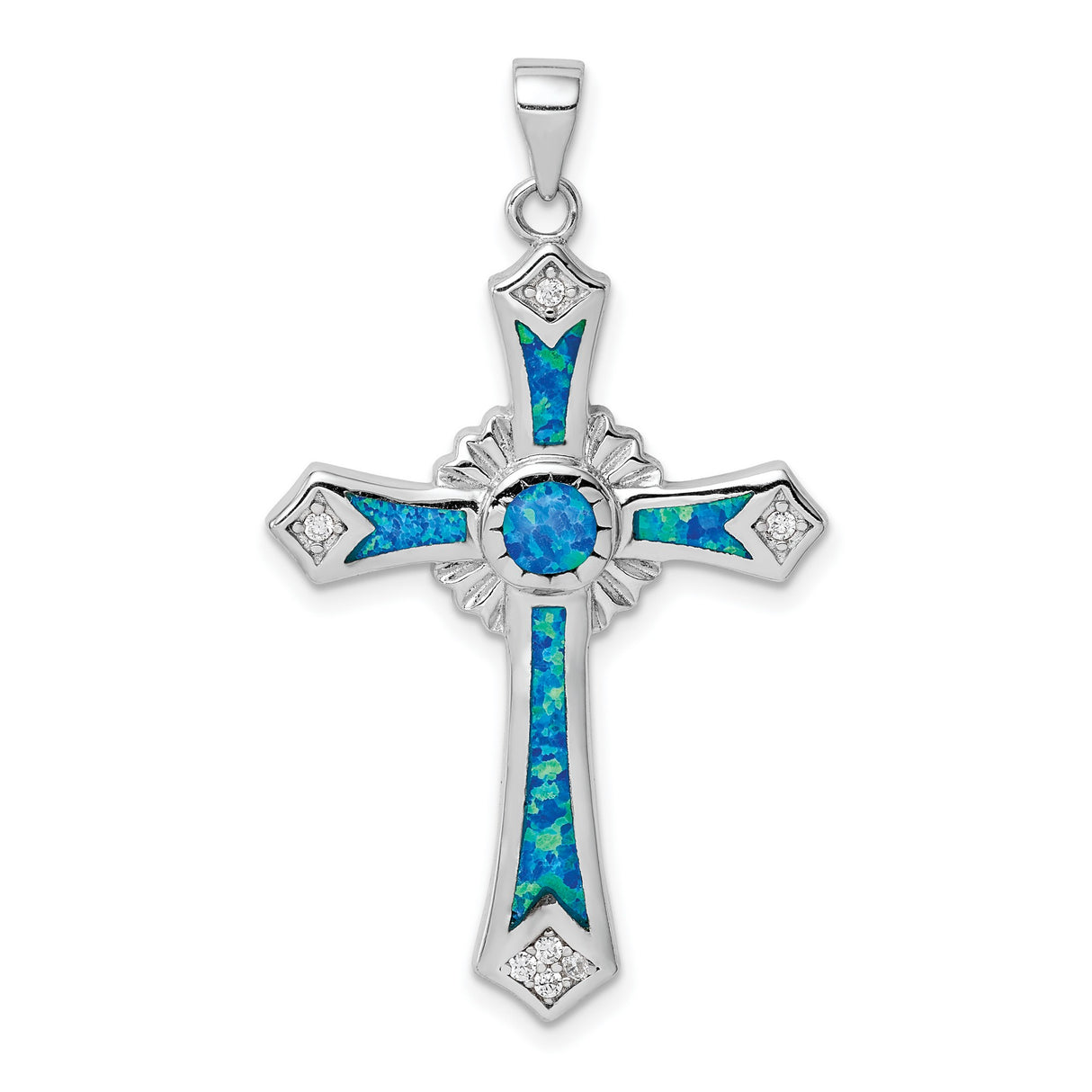 Sterling Silver Cross Pendant with Blue Opal Inlay and Cubic Zirconia Accents, Flared Arms Design