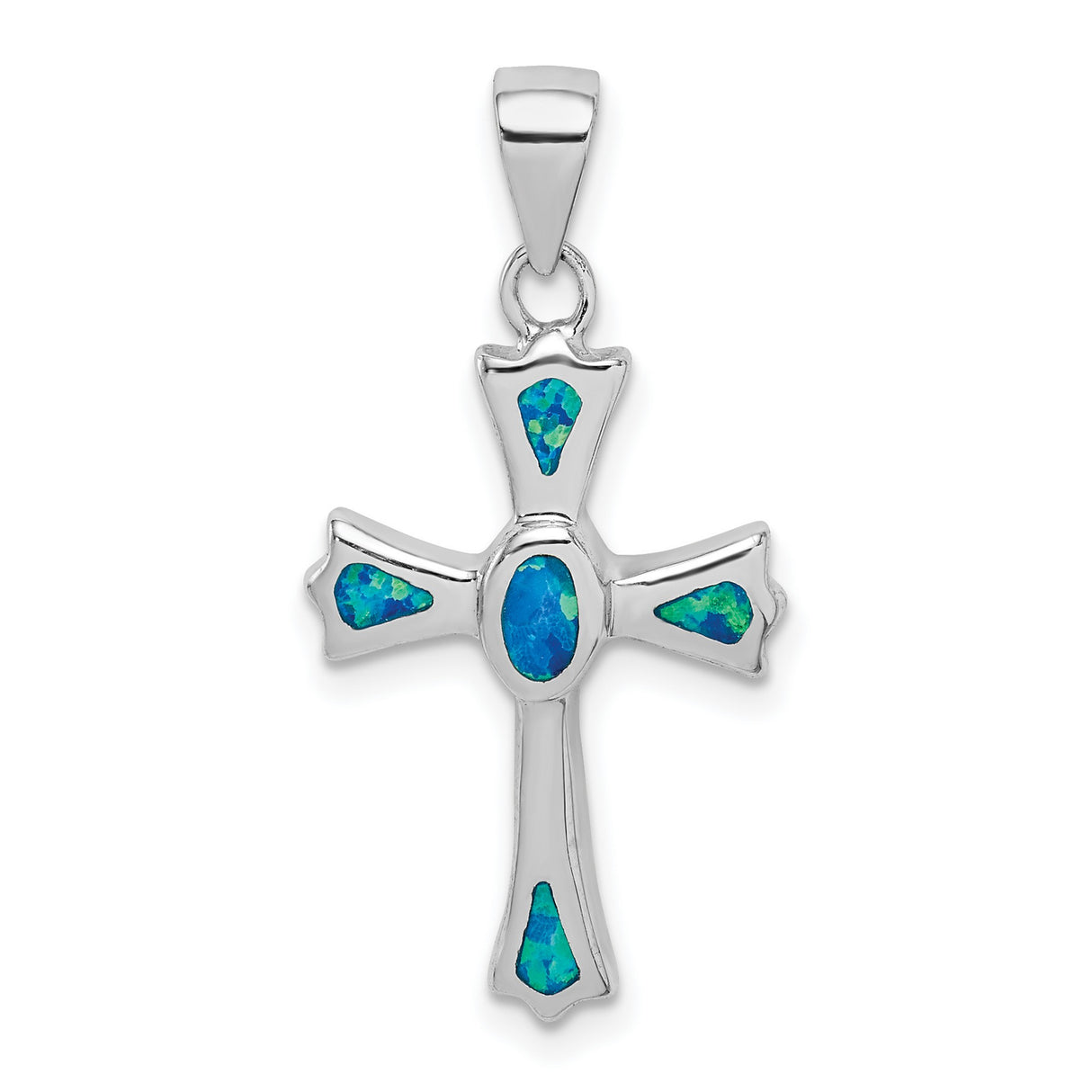 Sterling Silver Cross Pendant with Lab Created Blue Opal Center, Spiritual Charm for Men and Women