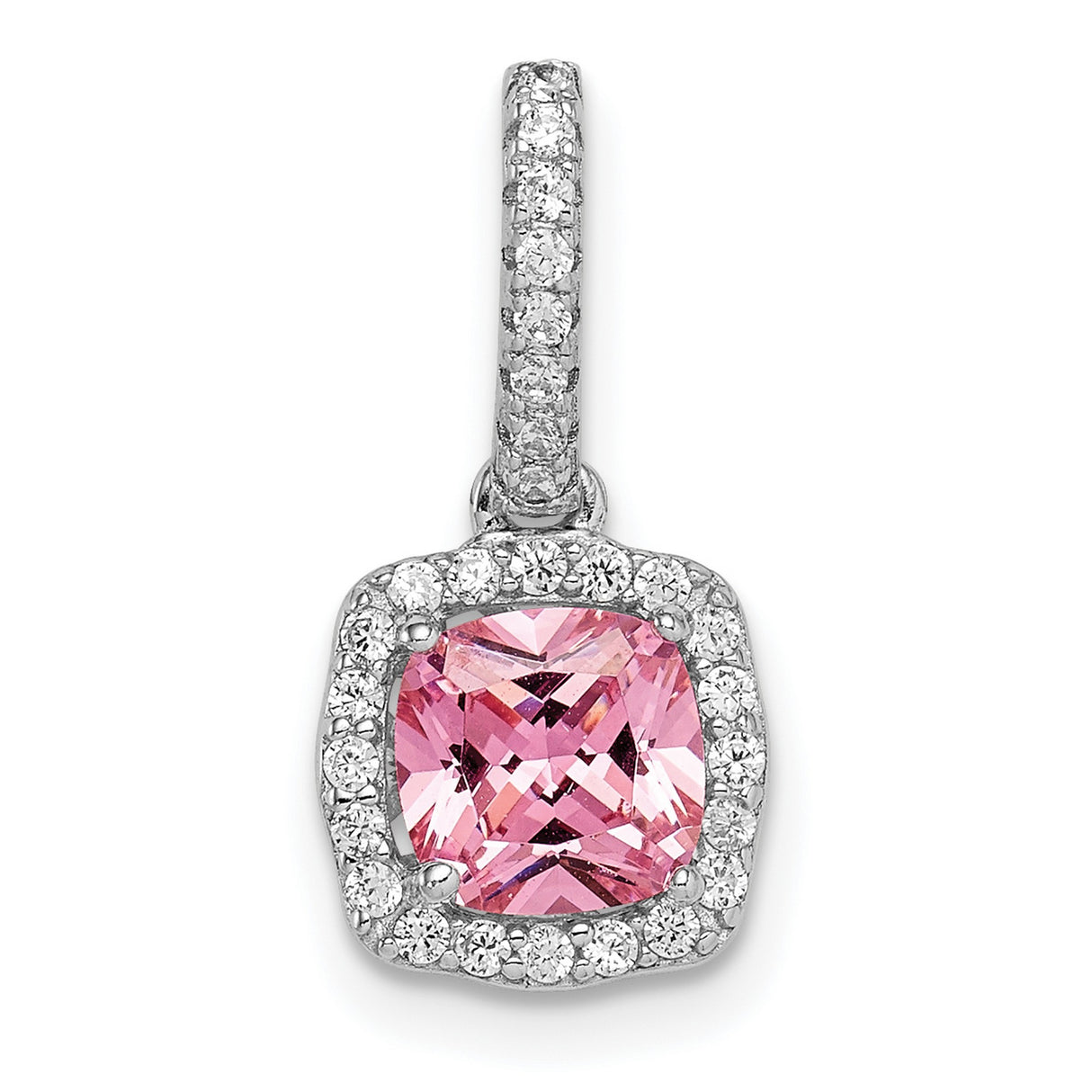Sterling Silver Pendant with Cushion Cut Pink Gemstone and Cubic Zirconia Halo
