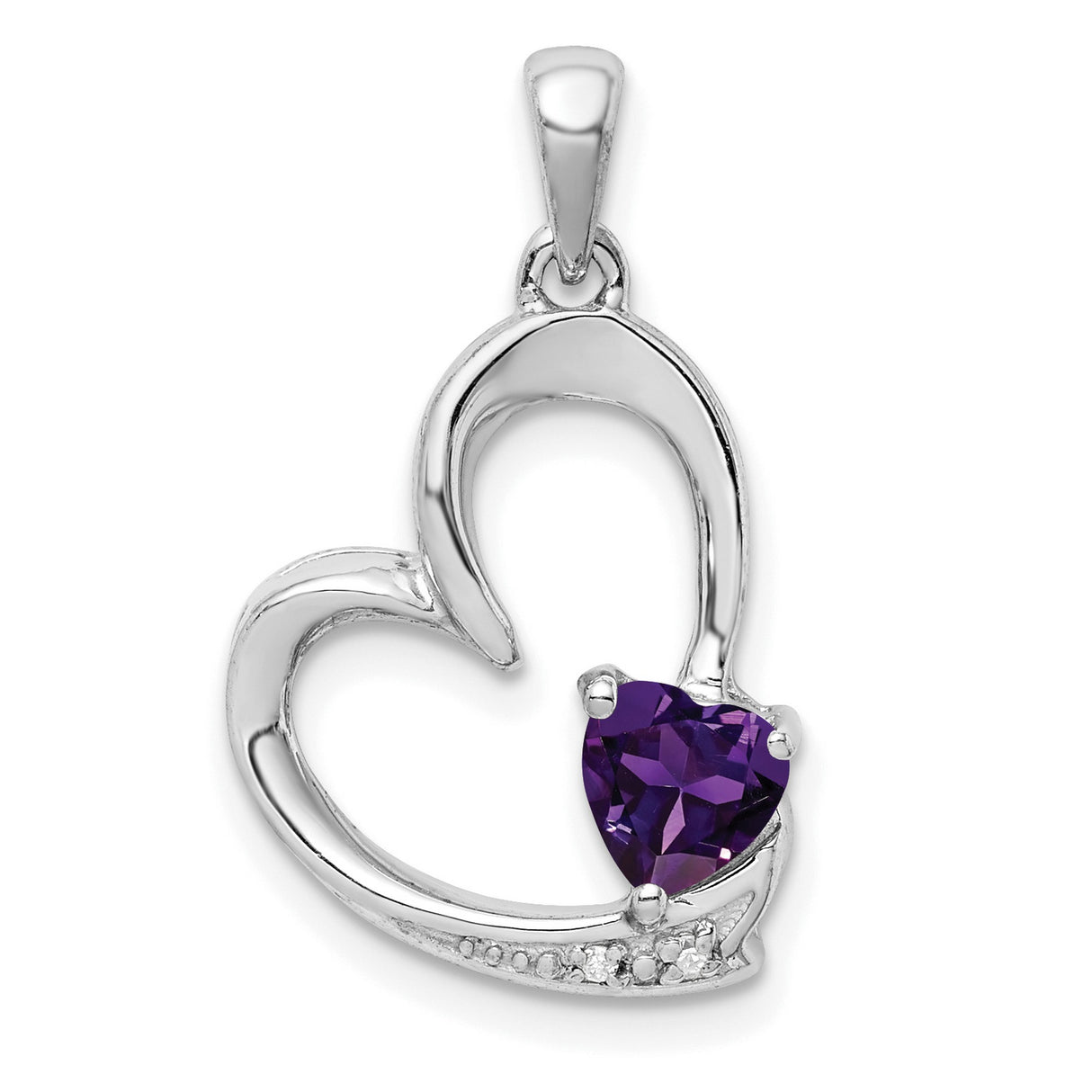 Sterling Silver Heart Pendant with Amethyst and Diamond Accents, Open Heart Design for Women