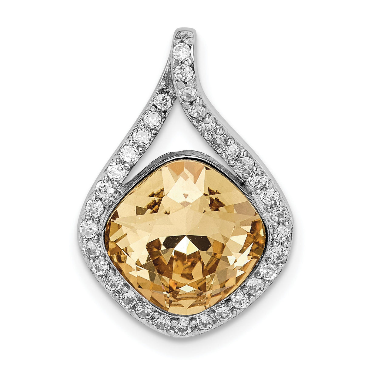 Sterling Silver Teardrop Pendant with Cushion Cut Golden Crystal and Cubic Zirconia Halo