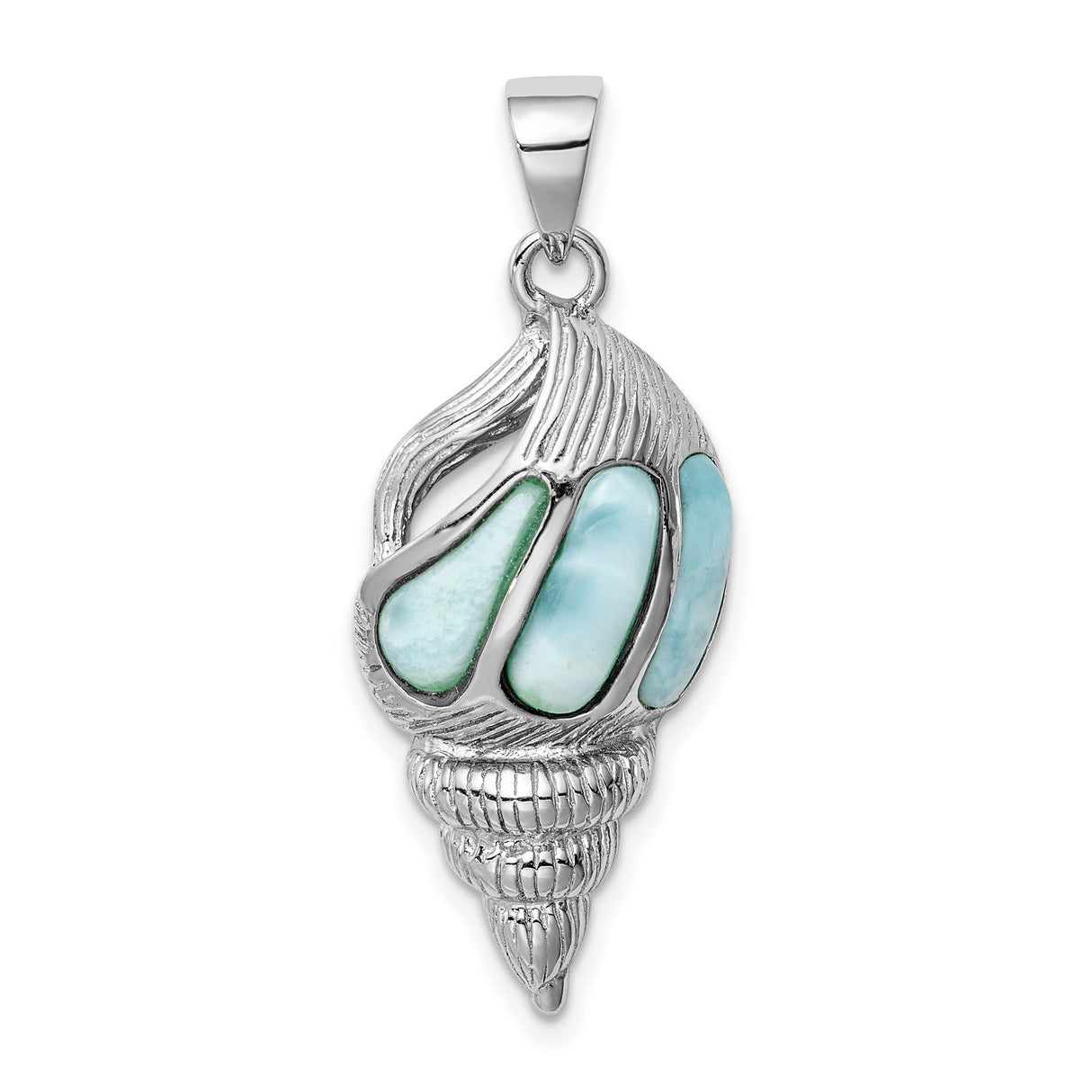 Sterling Silver Conch Shell Pendant with Larimar and Turquoise Inlay, Ocean-Themed Design