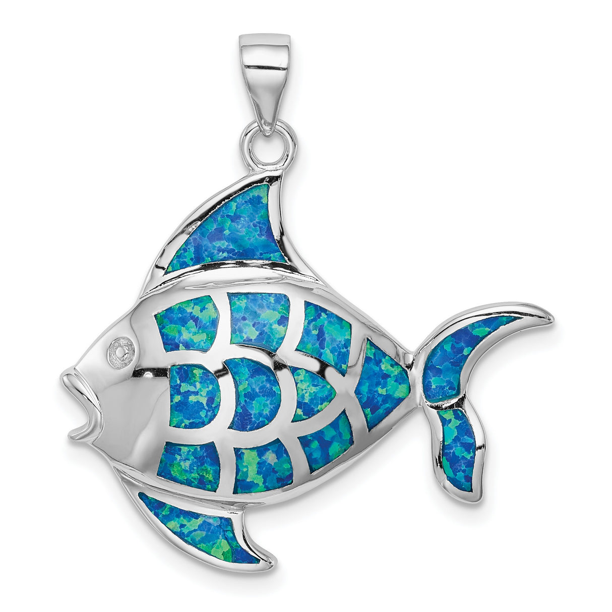 Sterling Silver Fish Pendant with Blue Green Lab Created Opal, Ocean Inspired Jewelry