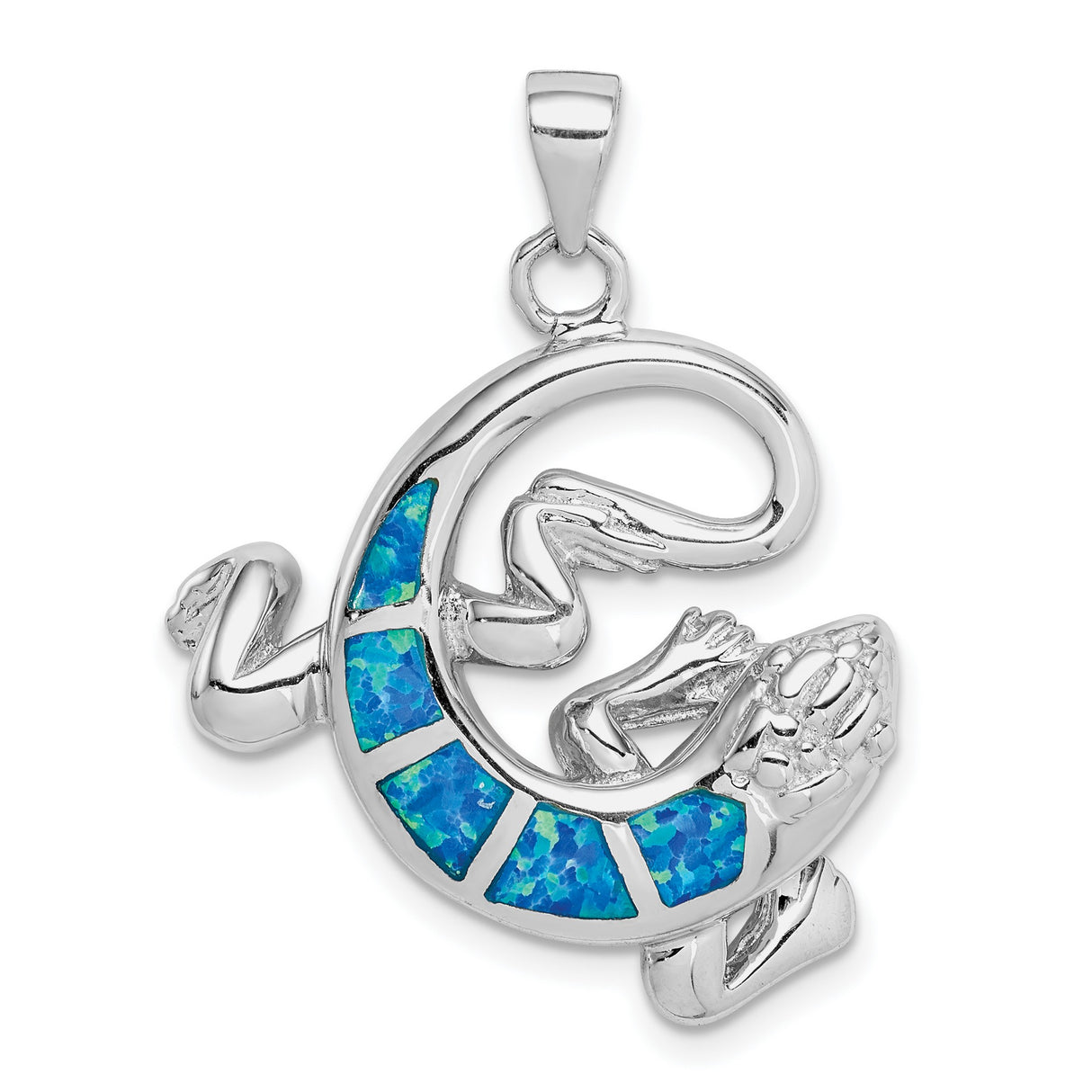 Sterling Silver Gecko Pendant with Lab Created Blue Opal, Tribal Lizard Design