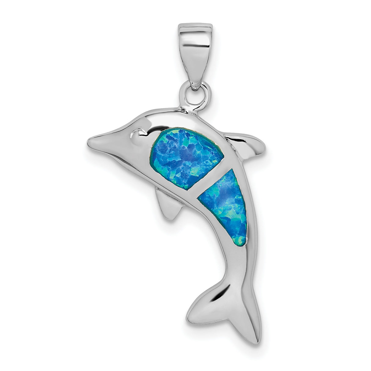 Sterling Silver Dolphin Pendant with Blue Lab Created Opal Inlay, Ocean Life Inspired Jewelry