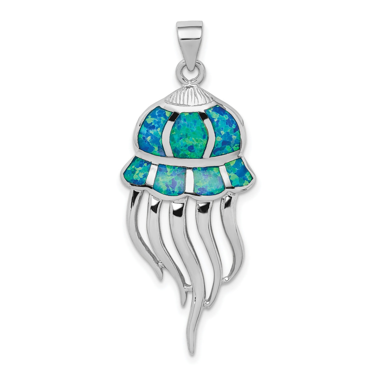 Sterling Silver Jellyfish Pendant with Lab Created Opal Inlay, Ocean Themed Coastal Jewelry