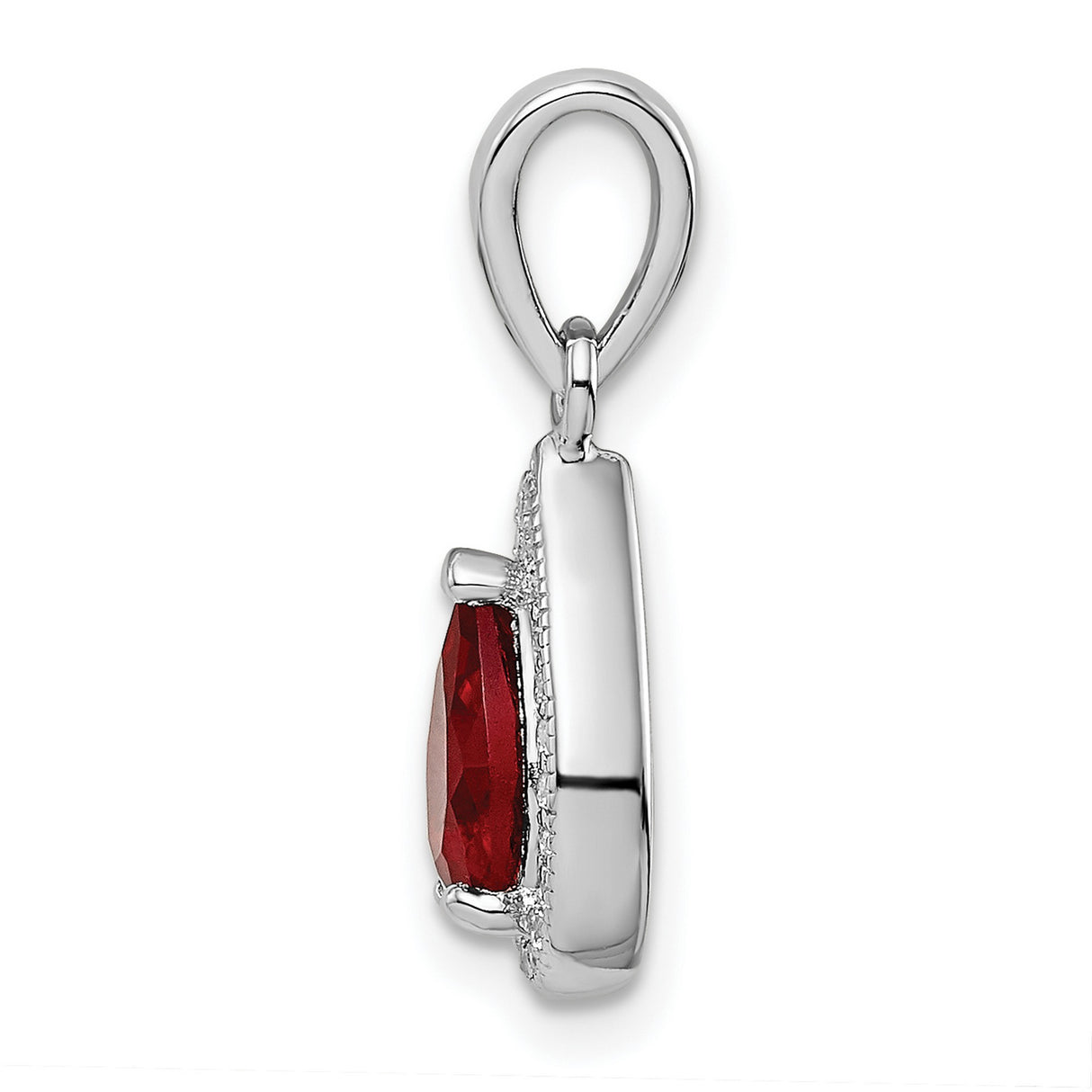 Sterling Silver Teardrop Pendant with Deep Red Gemstone and Cubic Zirconia Halo