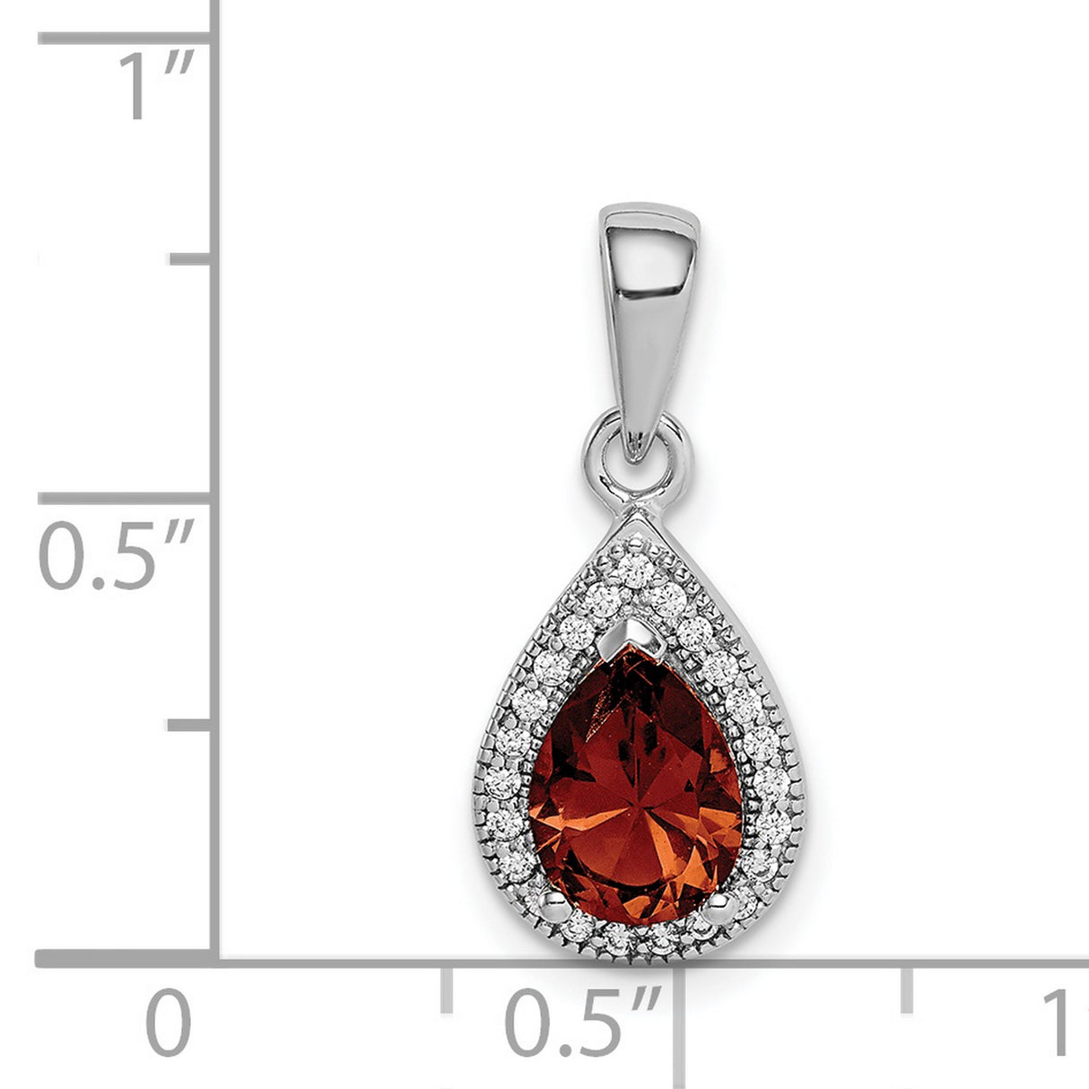 Sterling Silver Teardrop Pendant with Deep Red Gemstone and Cubic Zirconia Halo