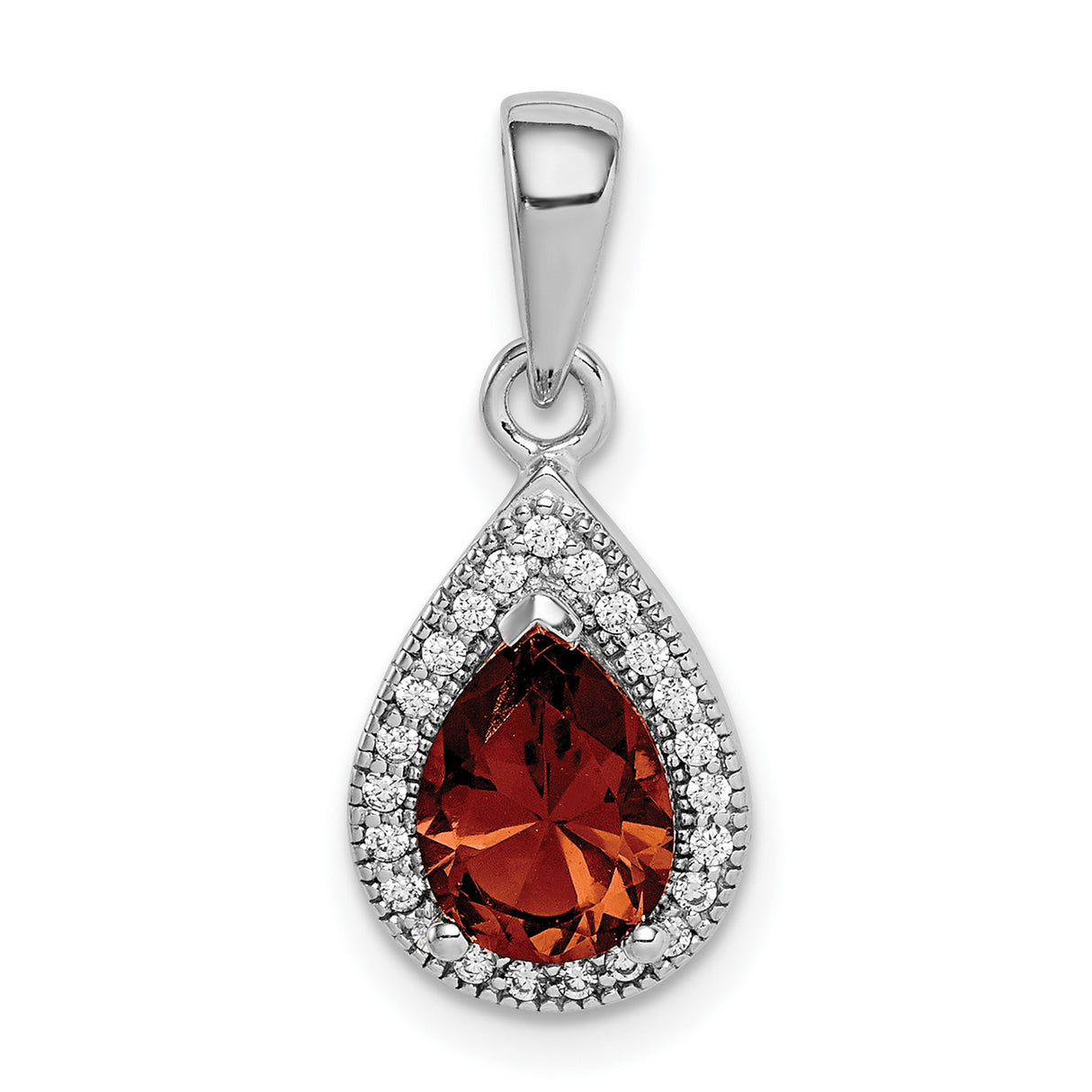 Sterling Silver Teardrop Pendant with Deep Red Gemstone and Cubic Zirconia Halo