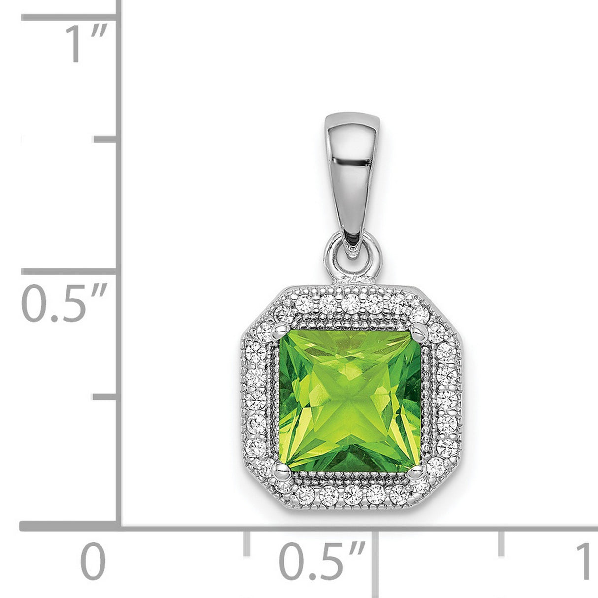 Sterling Silver Pendant with Square Cut Green Cubic Zirconia in Halo Setting