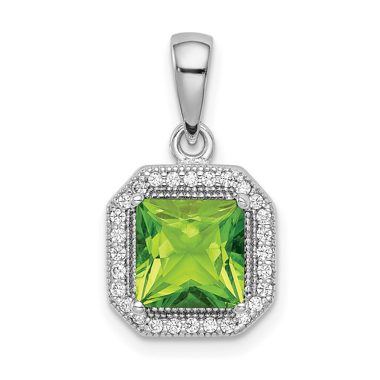 Sterling Silver Pendant with Square Cut Green Cubic Zirconia in Halo Setting