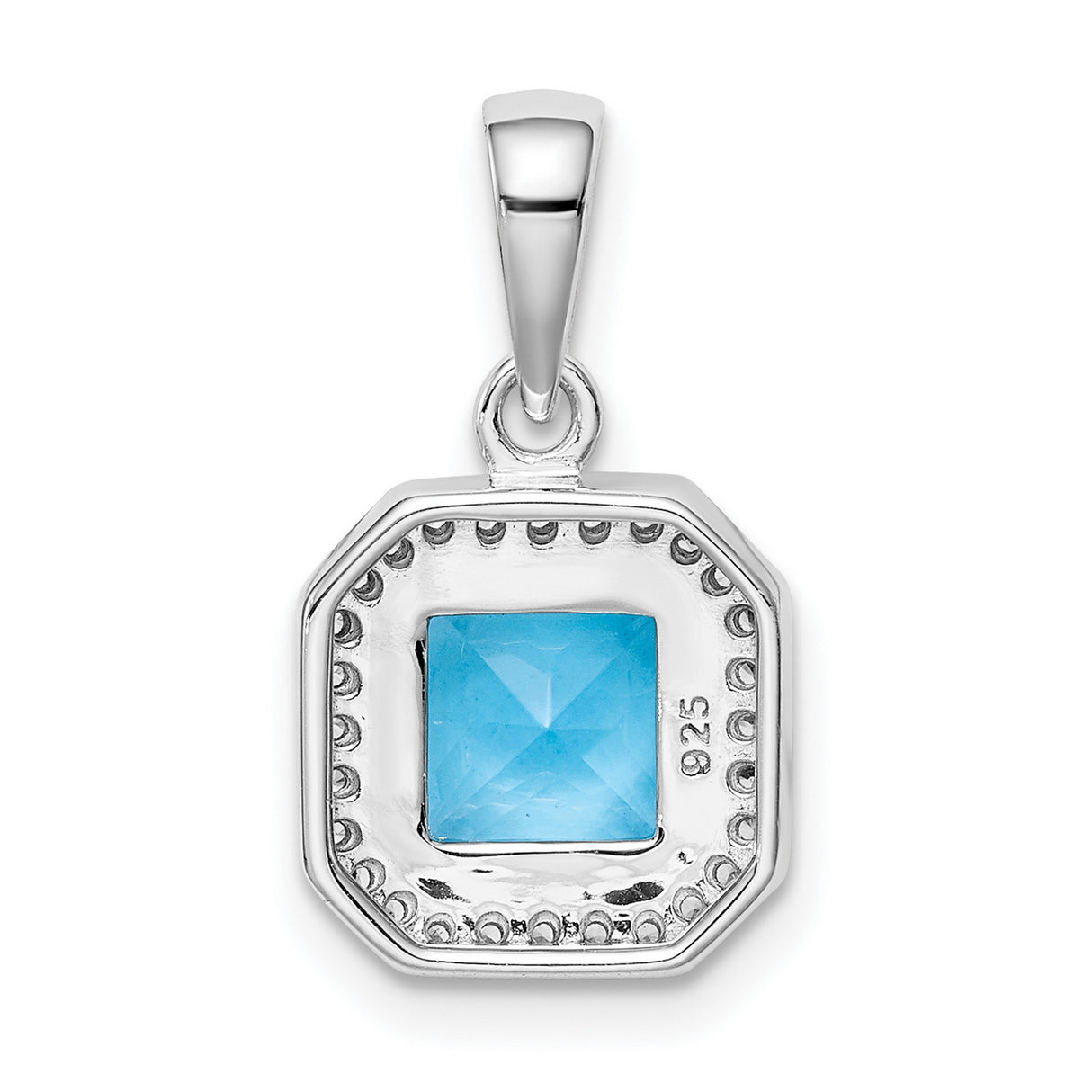 Sterling Silver Pendant with Square Blue Cubic Zirconia and Clear Halo Stones, Geometric Design