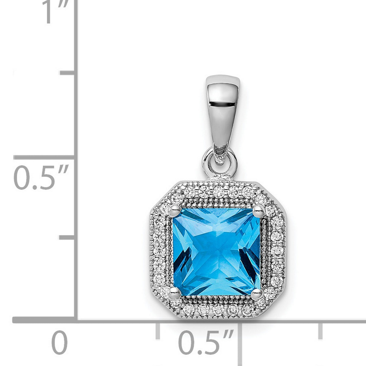 Sterling Silver Pendant with Square Blue Cubic Zirconia and Clear Halo Stones, Geometric Design